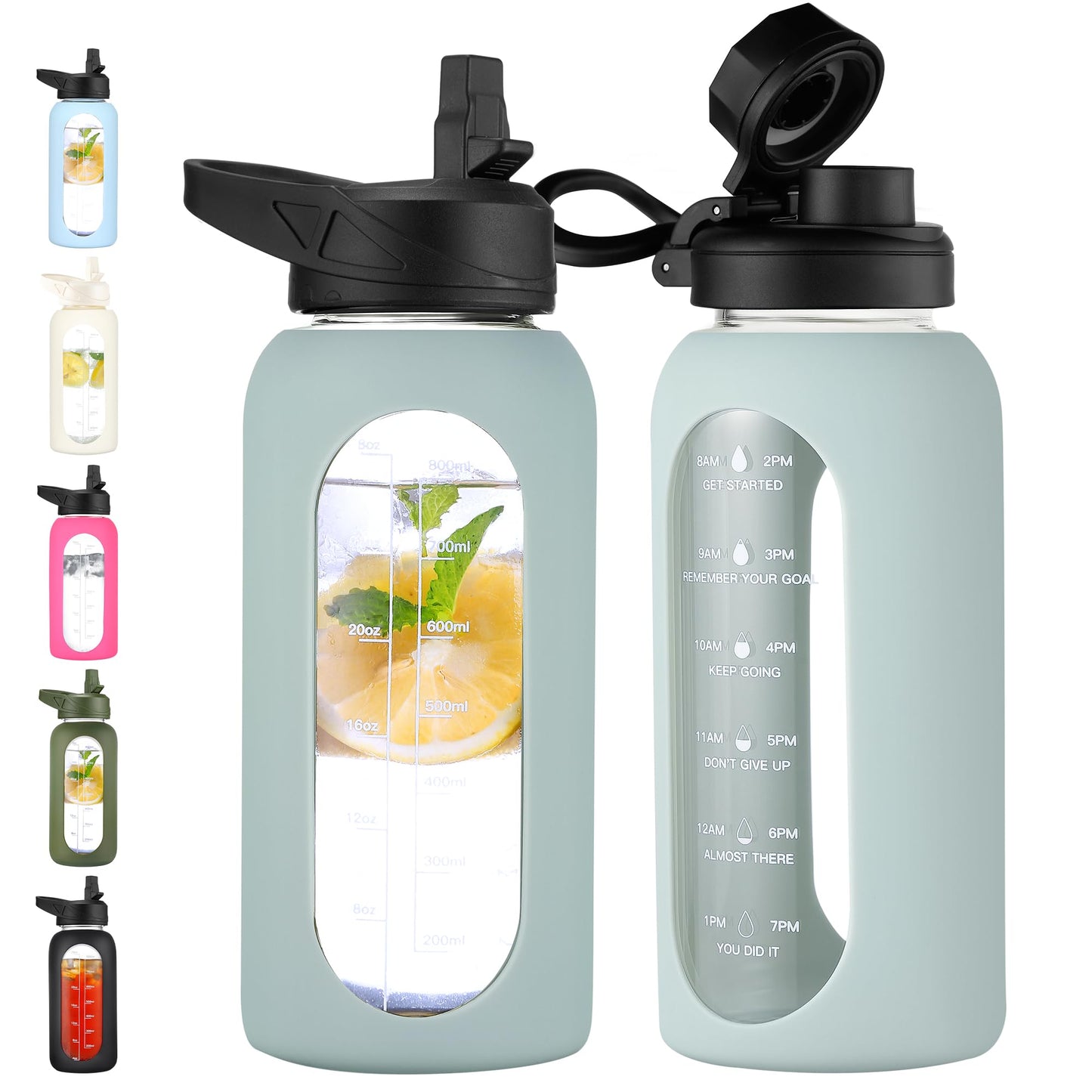 CIVAGO 32 oz Glass Water Bottle with Straw and Handle, Large Sports Motivational Water Bottle Flask with Time Marker and 2 Lids, Leakproof Water Jug Canteen with Silicone Sleeve for Gym,Black