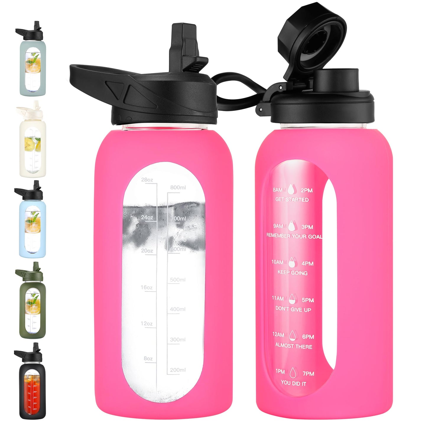 CIVAGO 32 oz Glass Water Bottle with Straw and Handle, Large Sports Motivational Water Bottle Flask with Time Marker and 2 Lids, Leakproof Water Jug Canteen with Silicone Sleeve for Gym,Black