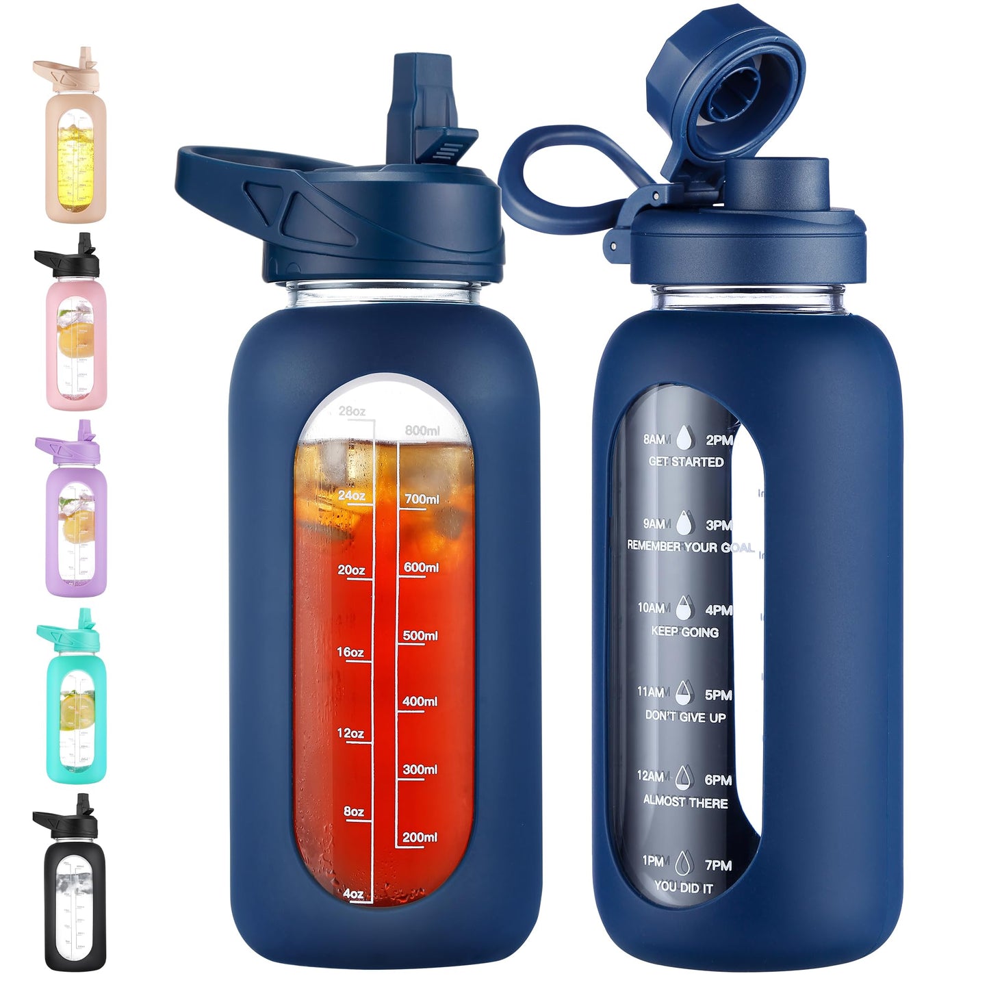 CIVAGO 32 oz Glass Water Bottle with Straw and Handle, Large Sports Motivational Water Bottle Flask with Time Marker and 2 Lids, Leakproof Water Jug Canteen with Silicone Sleeve for Gym,Black