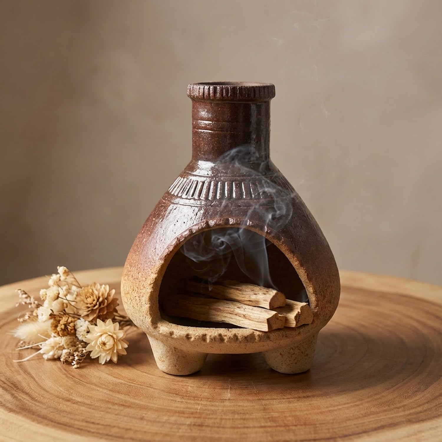 CEREMONY Palo Santo Holder -Mini Ceramic Incense Holder for Palo Santo Sticks - Palo Santo Holder for Gift-White Sage Holder for Meditation Decor (Brown-Fireplace)