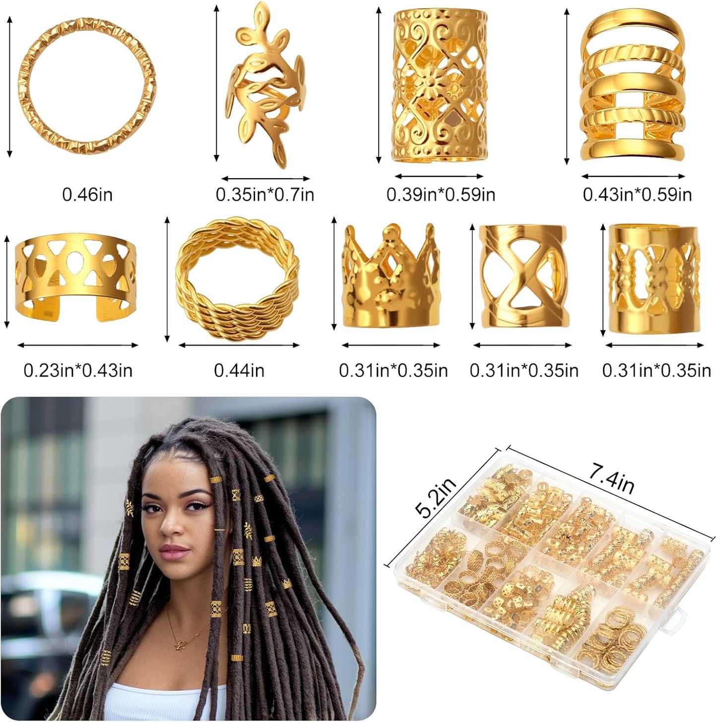 CPOXITI 220Pcs Hair Jewelry for Dreadlock, Metal Hair Charms for Women, Gold Braids Rings Cuffs Clips for Hair Braids, Loc Jewelry Dreadlock Accessories