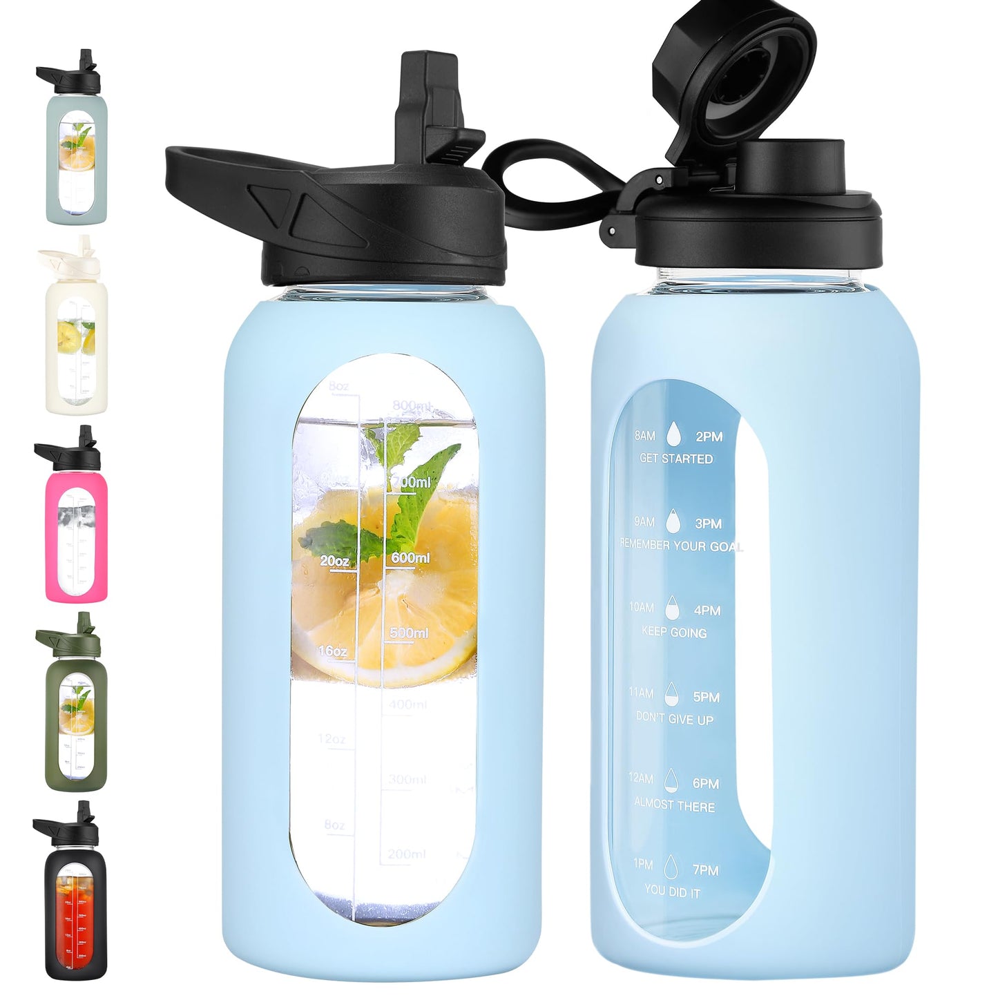 CIVAGO 32 oz Glass Water Bottle with Straw and Handle, Large Sports Motivational Water Bottle Flask with Time Marker and 2 Lids, Leakproof Water Jug Canteen with Silicone Sleeve for Gym,Black