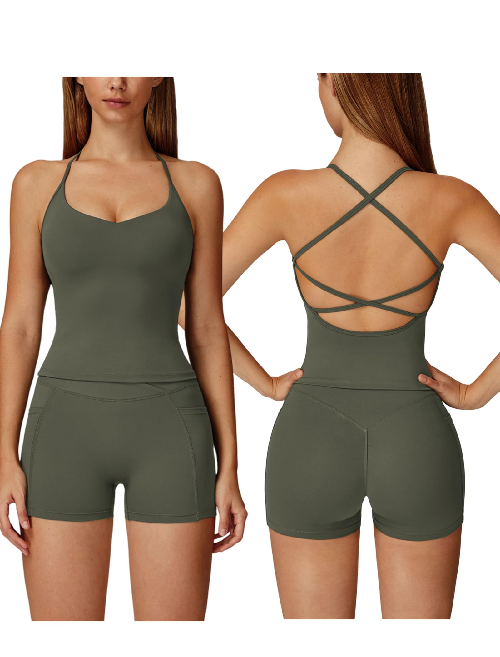 Women 2 Piece Workout Sets Padded Criss Cross Back Crop Tank Tops Tummy Control Biker Shorts Yoga Outfits with Pocket