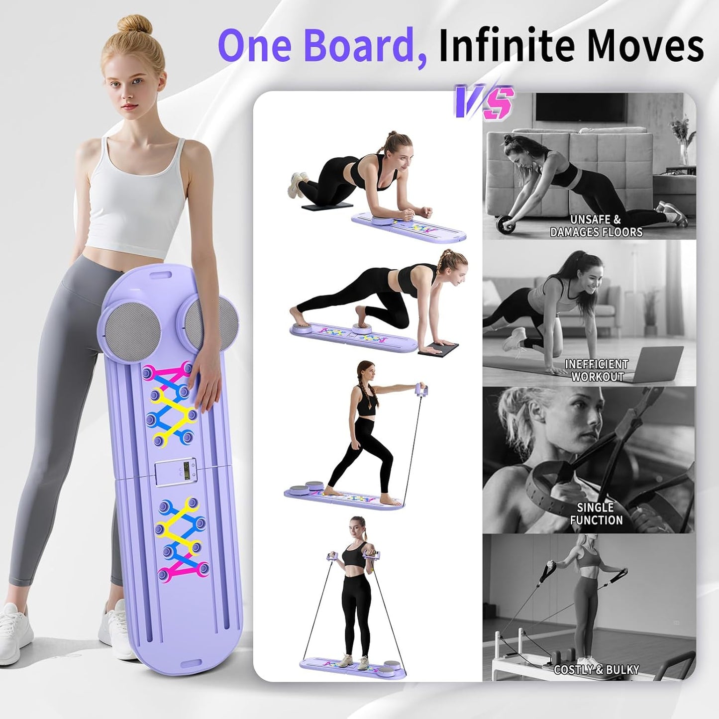 Pilates Board, Foldable Pilates Reformer Set for Home Workout with Timer, 6-in-1 Multifunctional Portable Reformer Pilates Machine at Home Pilates Equipment for Fitness,