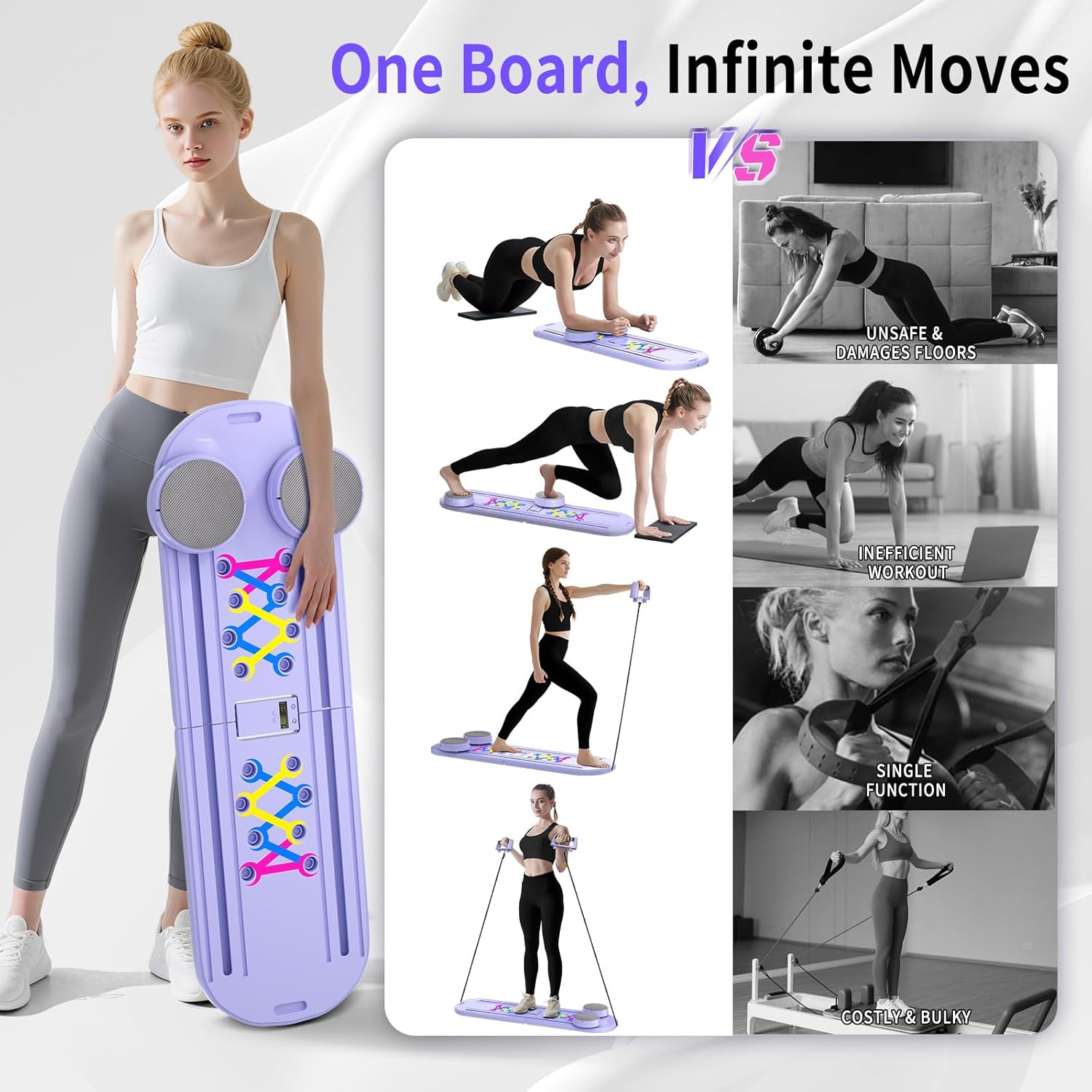Pilates Board, Foldable Pilates Reformer Set for Home Workout with Timer, 6-in-1 Multifunctional Portable Reformer Pilates Machine at Home Pilates Equipment for Fitness,