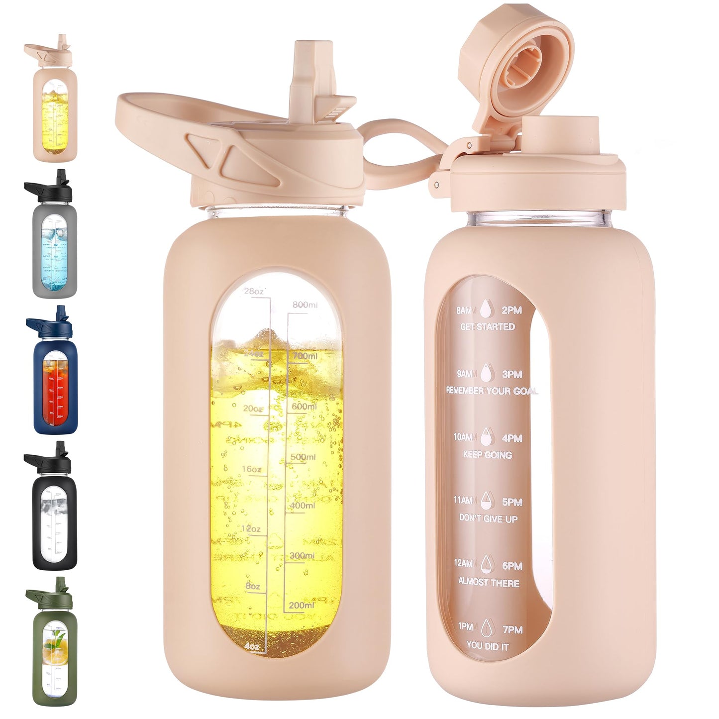 CIVAGO 32 oz Glass Water Bottle with Straw and Handle, Large Sports Motivational Water Bottle Flask with Time Marker and 2 Lids, Leakproof Water Jug Canteen with Silicone Sleeve for Gym,Black