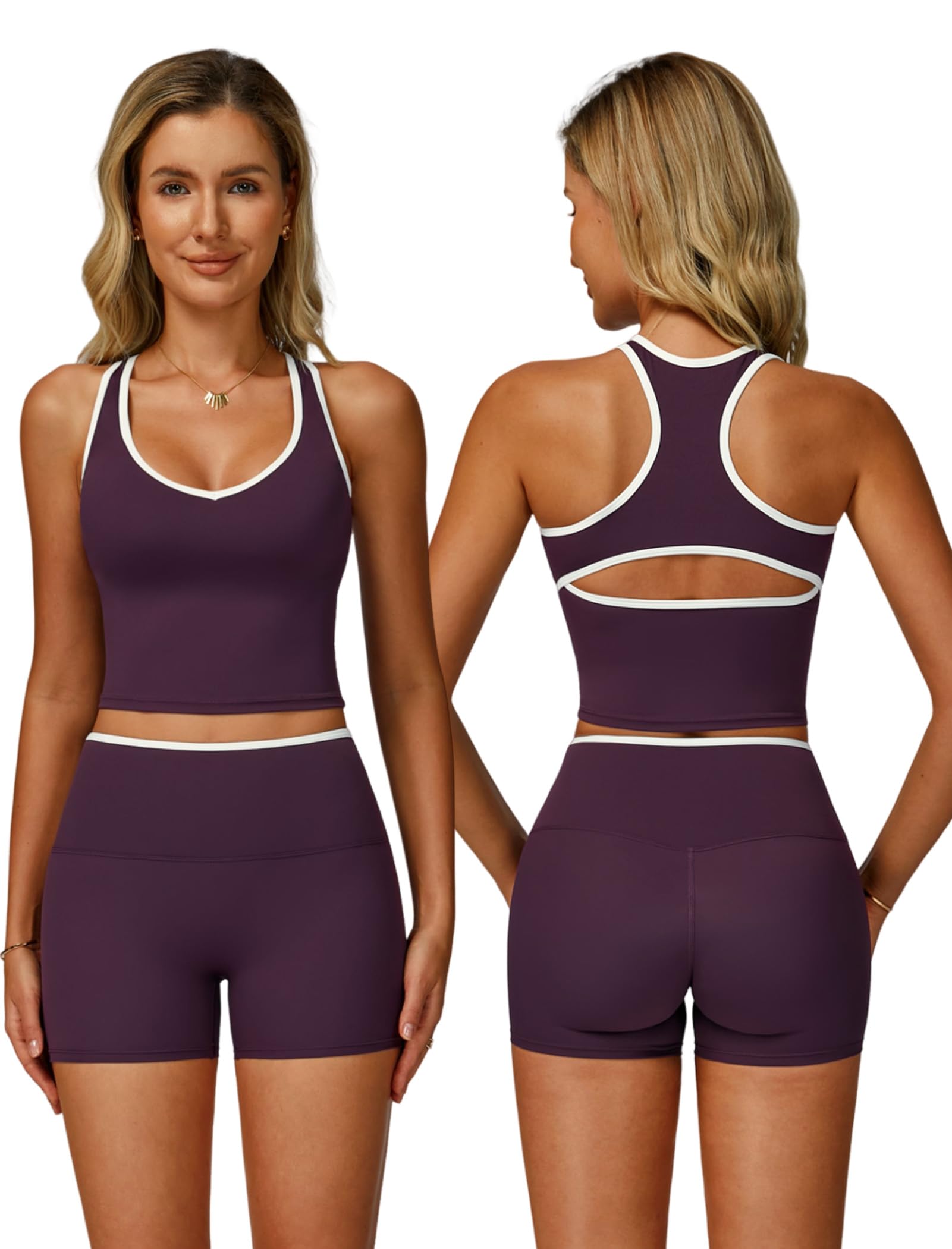 Women 2 Piece Workout Sets Racerback Color Block Tank Top High Waist Tummy Control Shorts Yoga Outfits