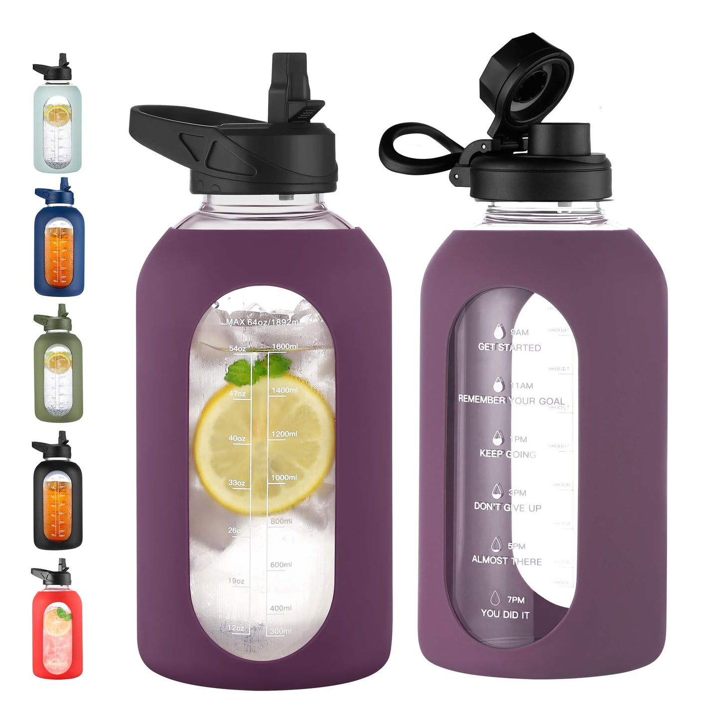 CIVAGO 32 oz Glass Water Bottle with Straw and Handle, Large Sports Motivational Water Bottle Flask with Time Marker and 2 Lids, Leakproof Water Jug Canteen with Silicone Sleeve for Gym,Black
