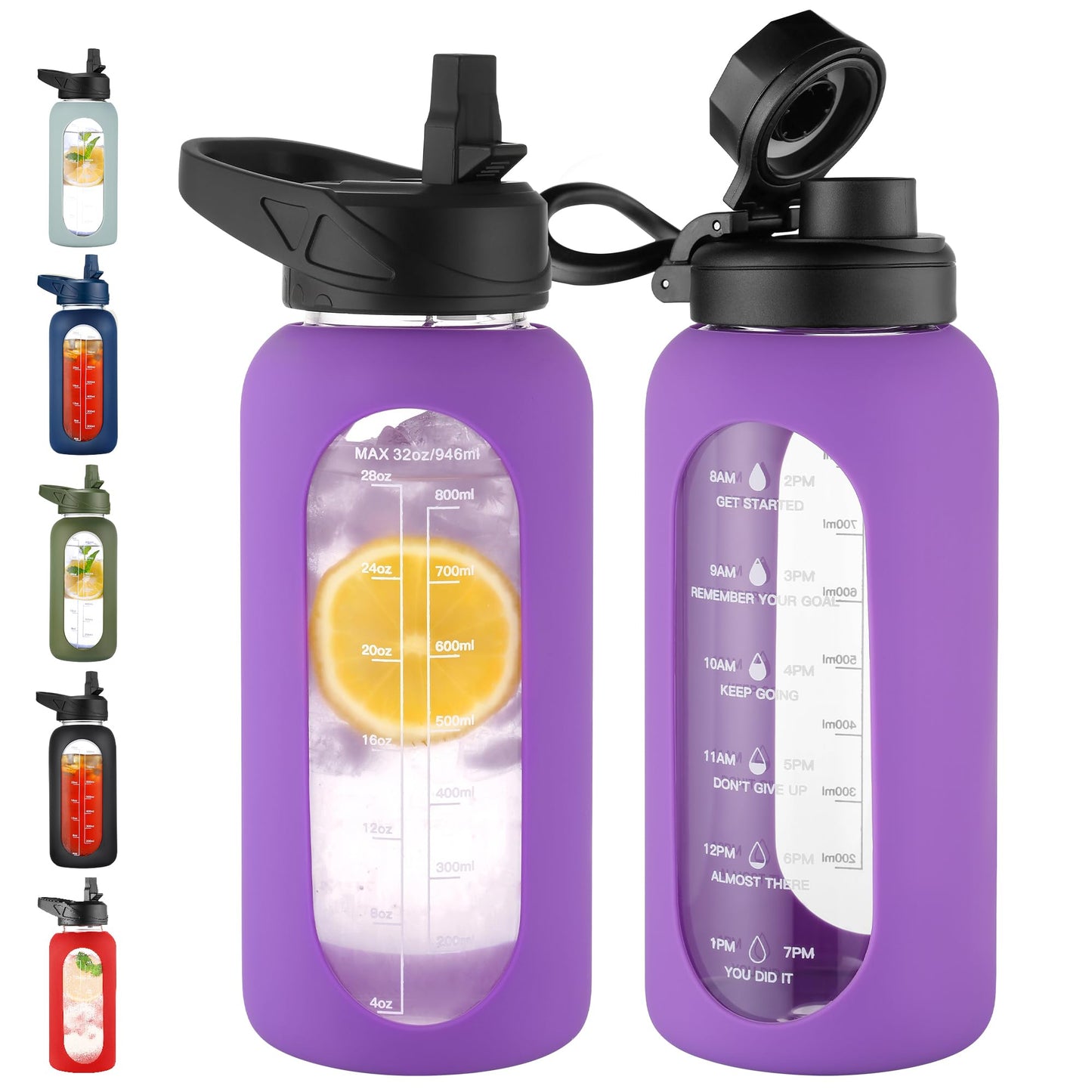 CIVAGO 32 oz Glass Water Bottle with Straw and Handle, Large Sports Motivational Water Bottle Flask with Time Marker and 2 Lids, Leakproof Water Jug Canteen with Silicone Sleeve for Gym,Black