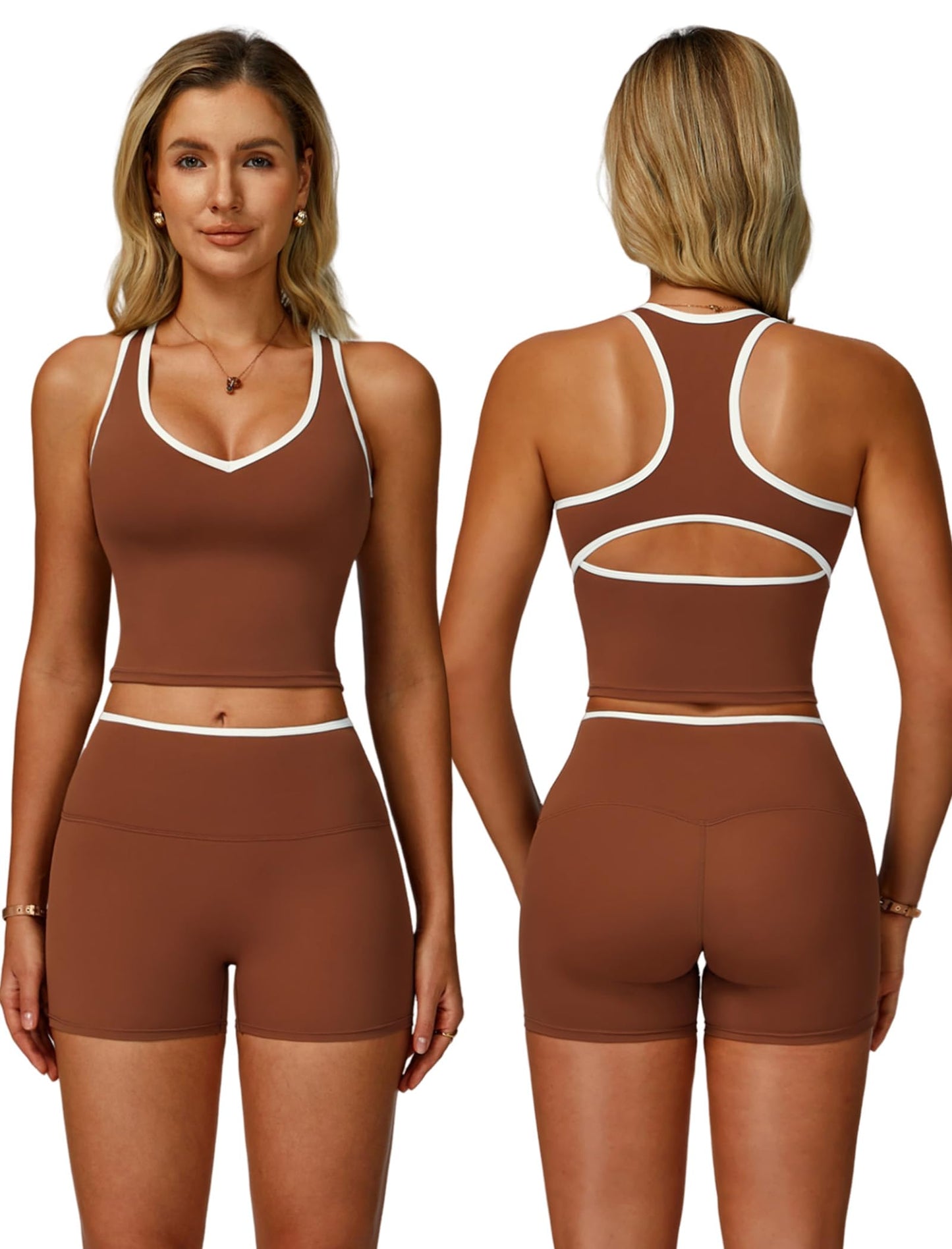 Women 2 Piece Workout Sets Racerback Color Block Tank Top High Waist Tummy Control Shorts Yoga Outfits