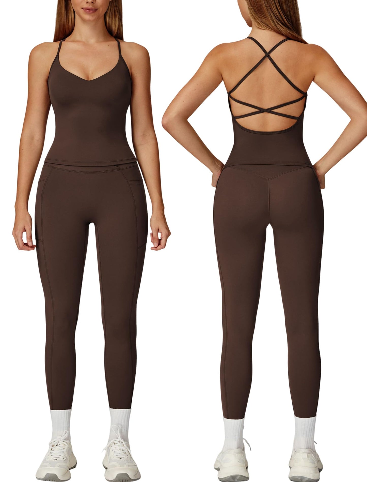 Women 2 Piece Workout Sets Padded Criss Cross Back Crop Tank Tops Tummy Control Leggings Yoga Outfits with Pocket
