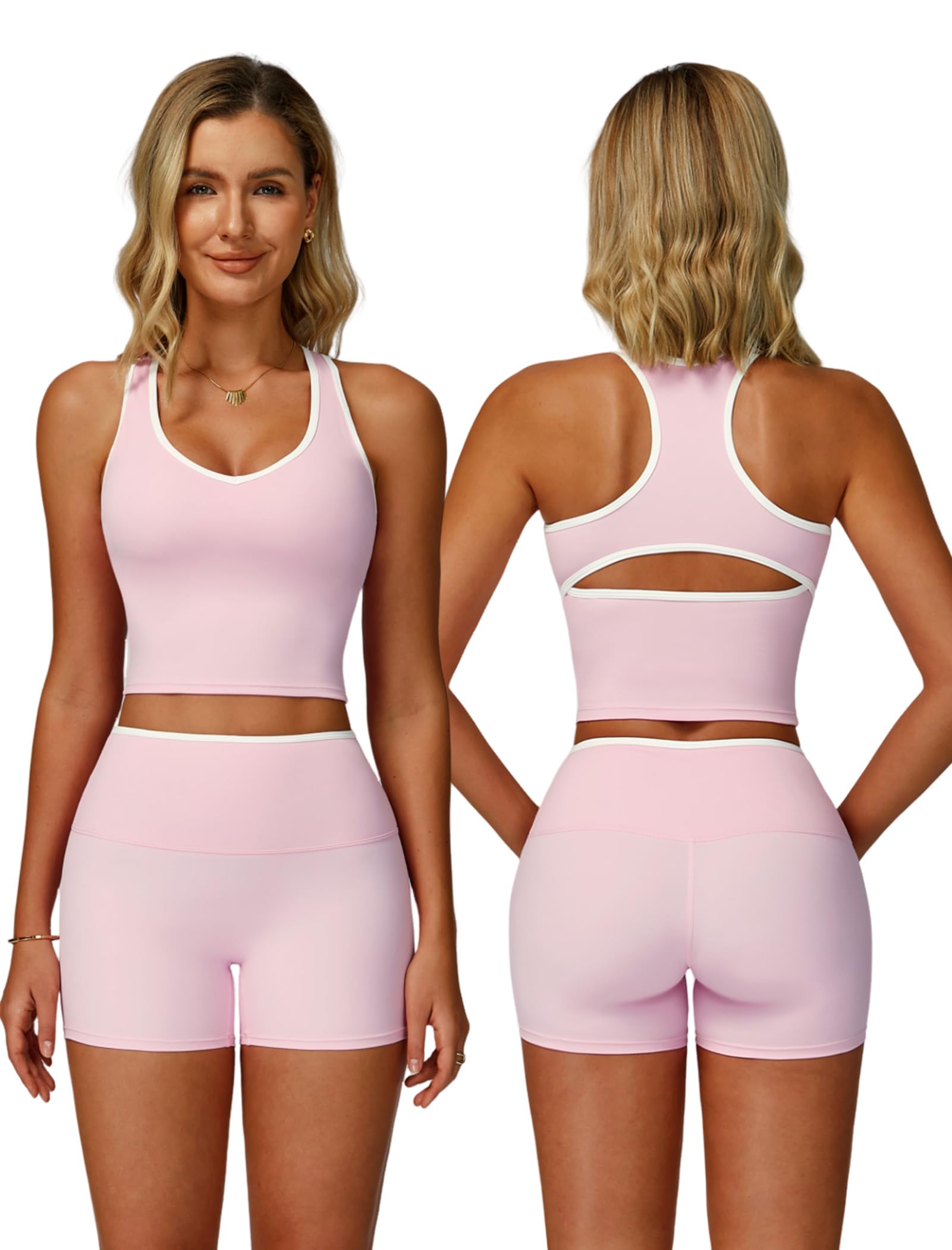Women 2 Piece Workout Sets Racerback Color Block Tank Top High Waist Tummy Control Shorts Yoga Outfits