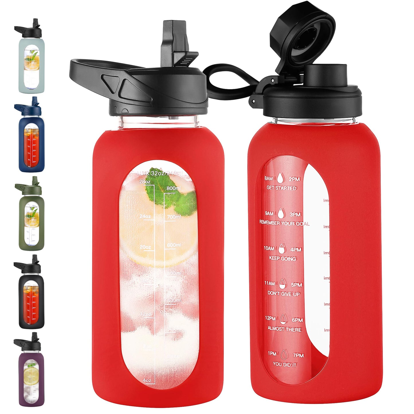 CIVAGO 32 oz Glass Water Bottle with Straw and Handle, Large Sports Motivational Water Bottle Flask with Time Marker and 2 Lids, Leakproof Water Jug Canteen with Silicone Sleeve for Gym,Black