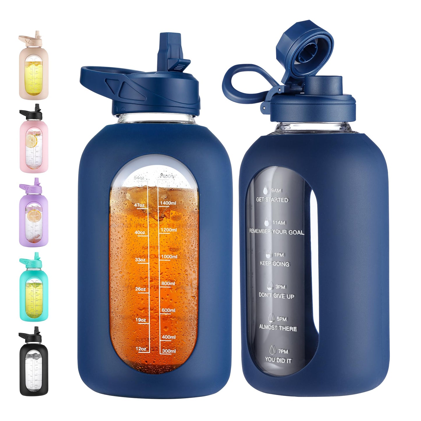 CIVAGO 32 oz Glass Water Bottle with Straw and Handle, Large Sports Motivational Water Bottle Flask with Time Marker and 2 Lids, Leakproof Water Jug Canteen with Silicone Sleeve for Gym,Black