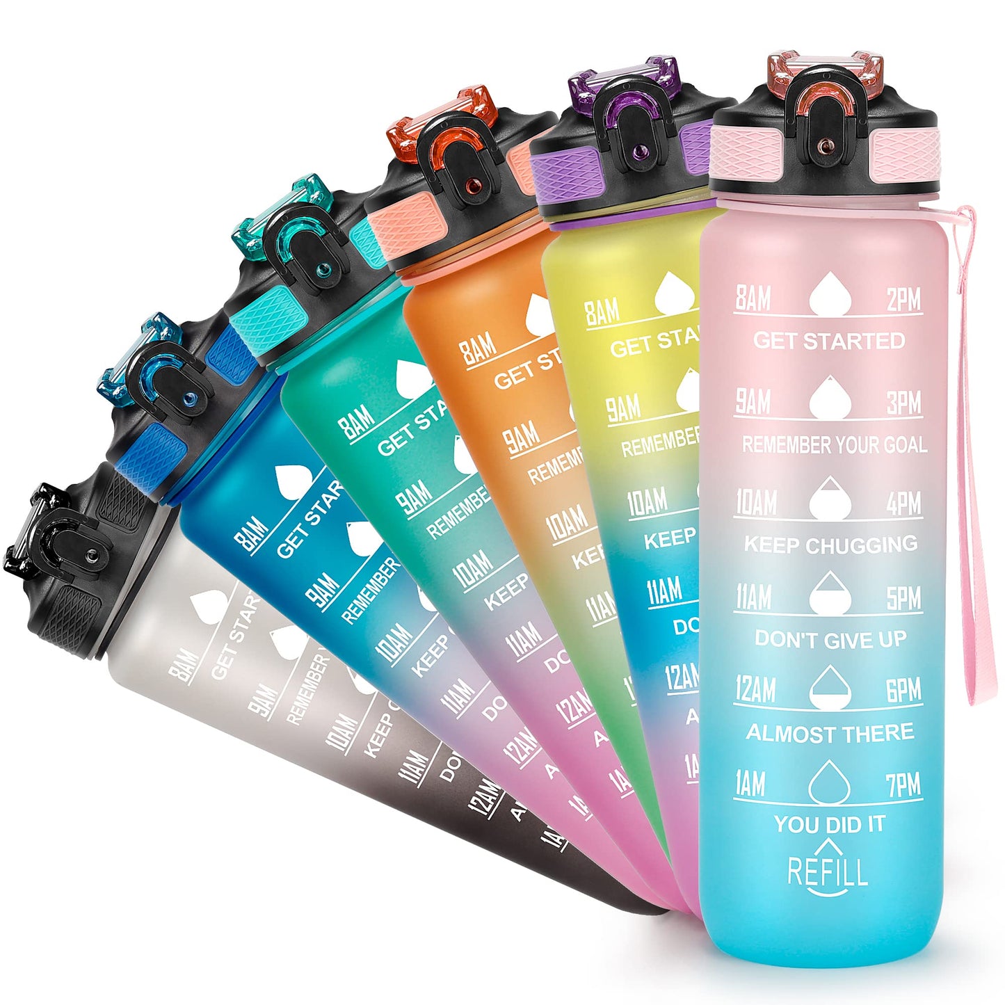 YC Kitchen Motivational Water Bottle with Time Marker- 32oz Water Bottles with Times to Drink, Leakproof & BPA Free Sports Water Bottle with Straw & Carry Strap for Fitness, Gym, and Outdoor Sports