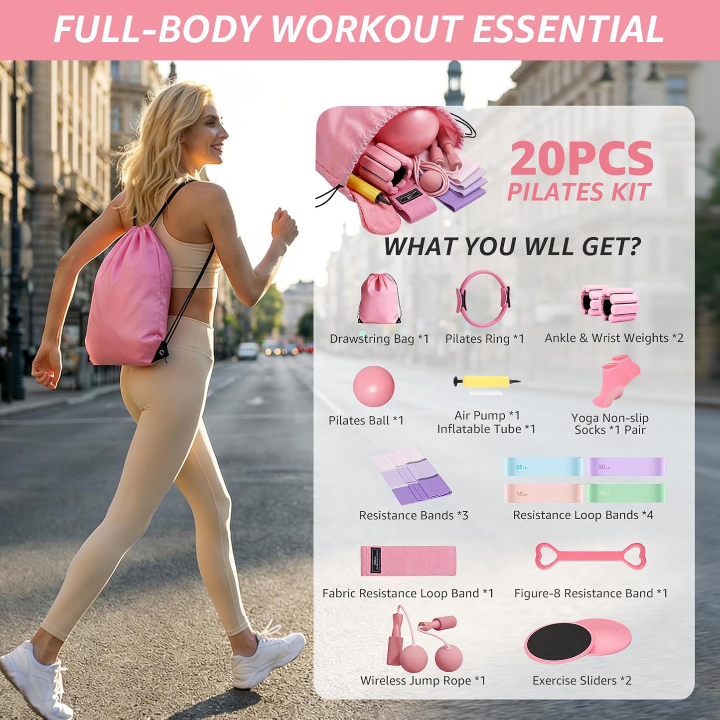 Home Pilates Kit 20 PCS, Pilates Equipment with Pilates Ring and Ball, 9 Level Resistance Bands, Jump Rope, Ankle Weights,Sliders & Grip Socks Accessories for Starter Home Workouts