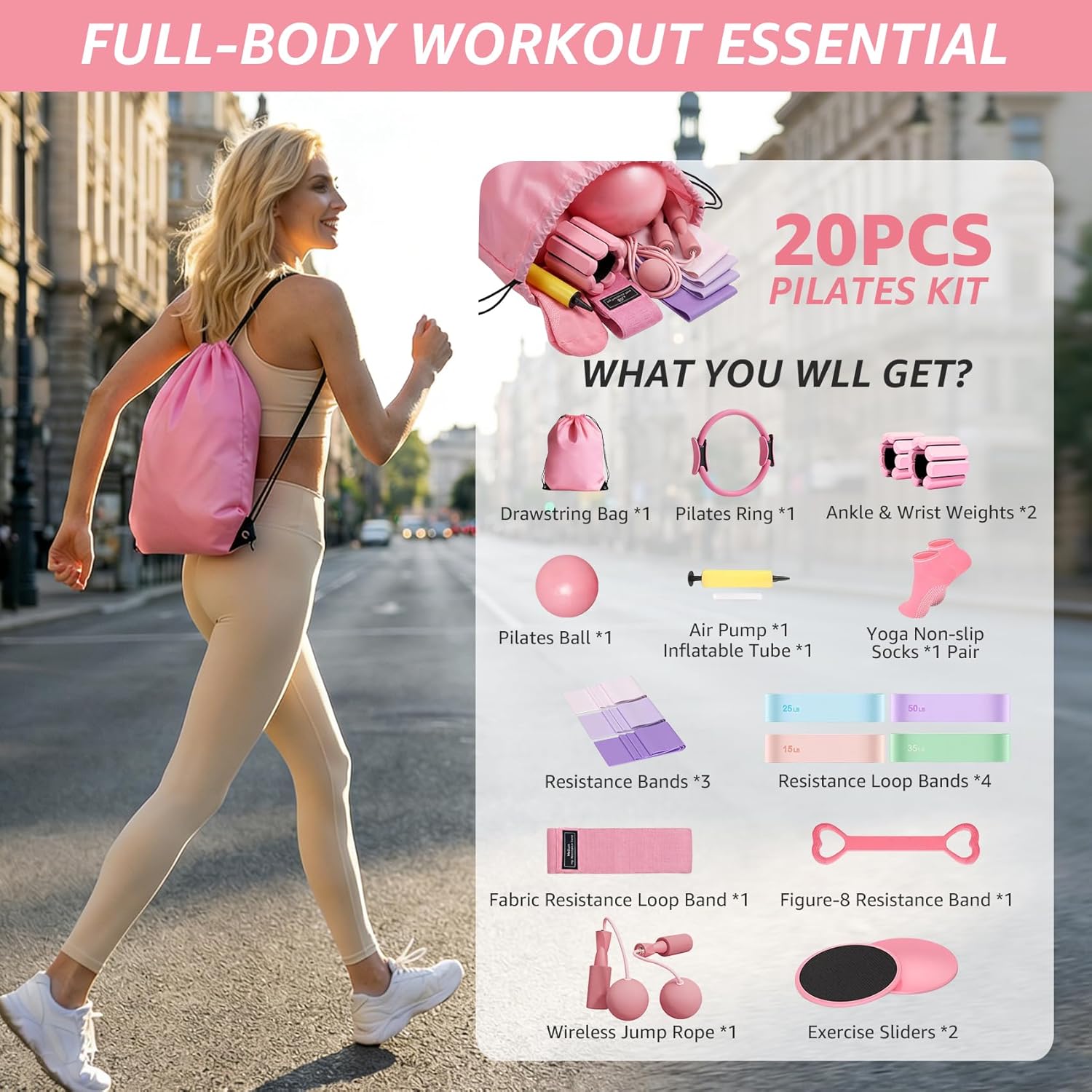 Home Pilates Kit 20 PCS, Pilates Equipment with Pilates Ring and Ball, 9 Level Resistance Bands, Jump Rope, Ankle Weights,Sliders & Grip Socks Accessories for Starter Home Workouts