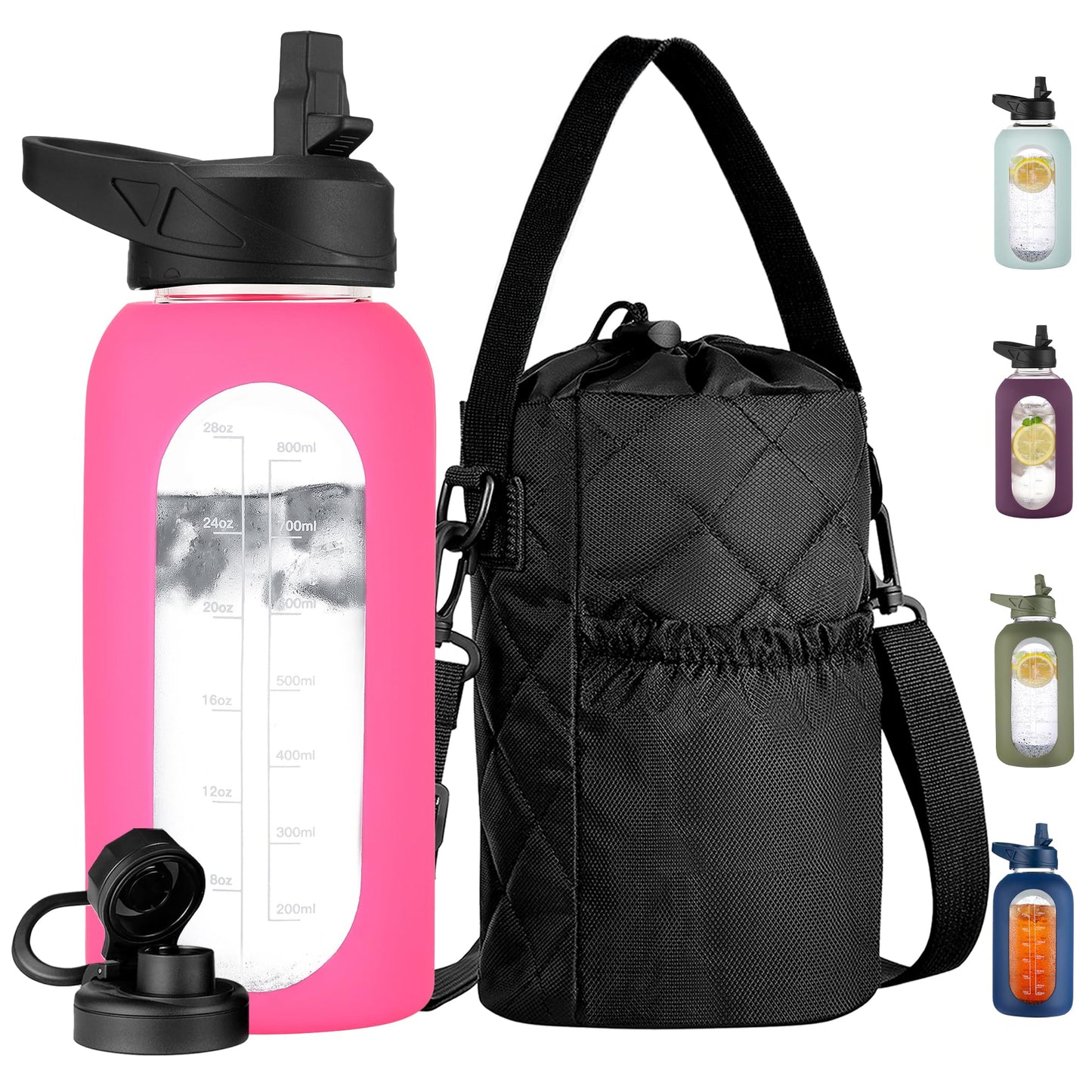 CIVAGO 32 oz Glass Water Bottle with Straw and Insulated Bottle Holder Sling, Motivational Water jug with Time Marker and Silicone Sleeve, Large Sport Water Flask with 2 Lids, Black