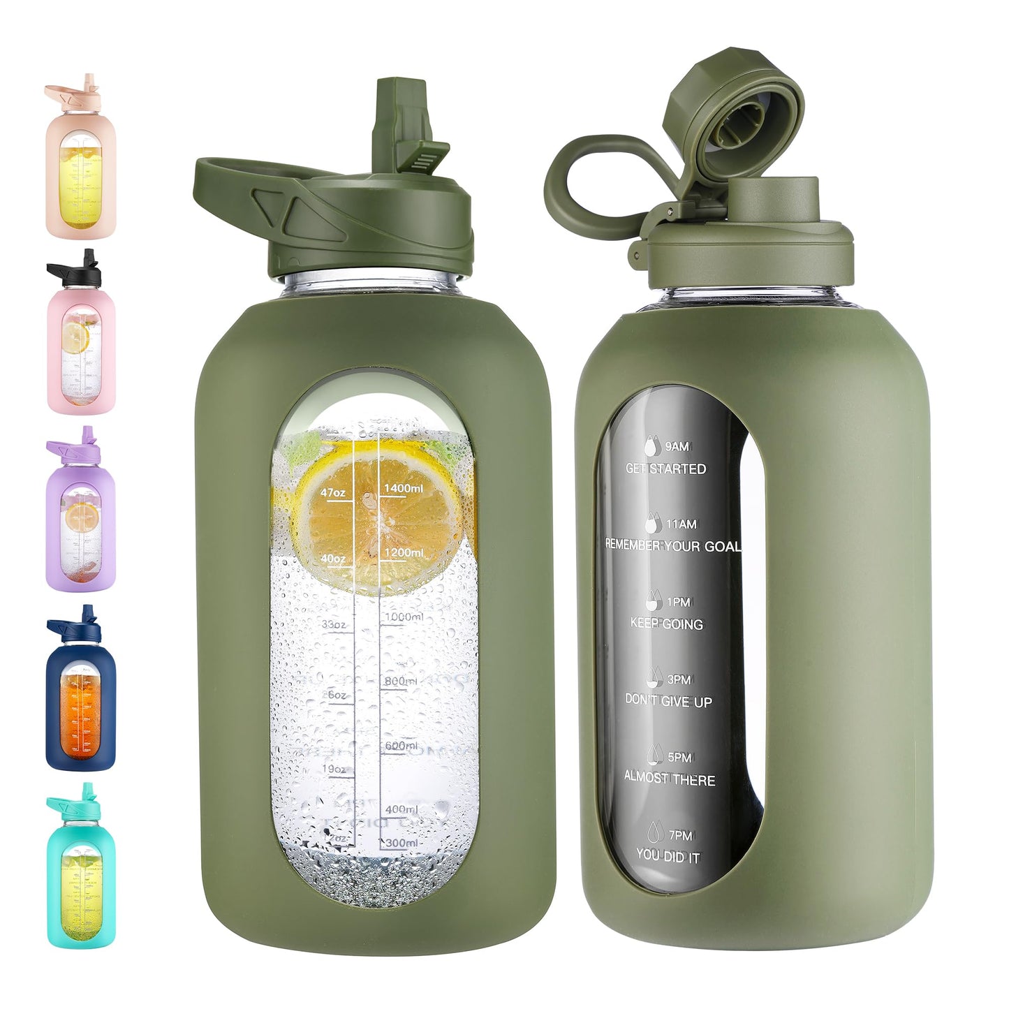 CIVAGO 32 oz Glass Water Bottle with Straw and Handle, Large Sports Motivational Water Bottle Flask with Time Marker and 2 Lids, Leakproof Water Jug Canteen with Silicone Sleeve for Gym,Black