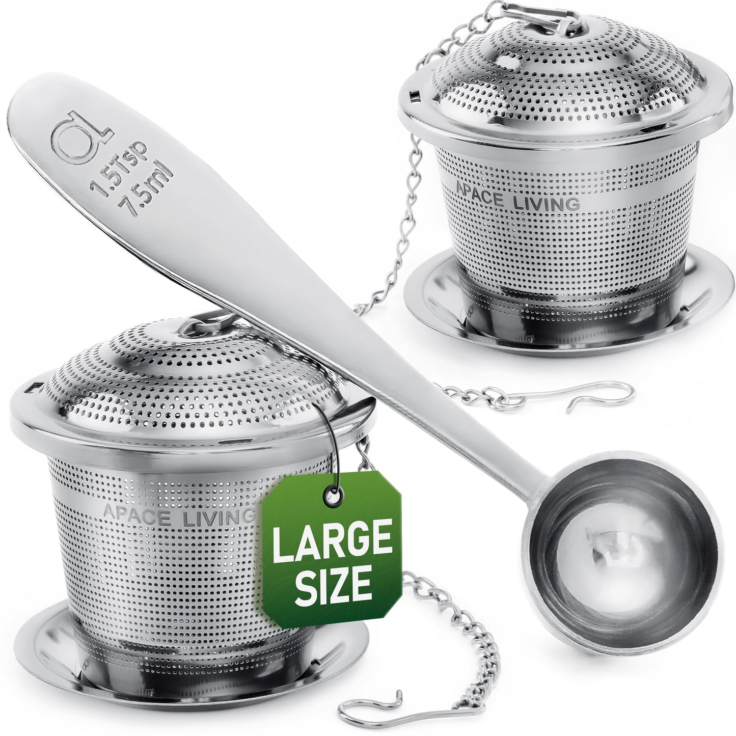Tea Infuser Set of 2 with Tea Scoop & Drip Trays - 304 Stainless Steel Ultra Fine Mesh Loose Leaf Tea Strainer, Reusable Tea Steeper Basket for Rooibos, Green, Black, Herbal & Oolong Tea, etc