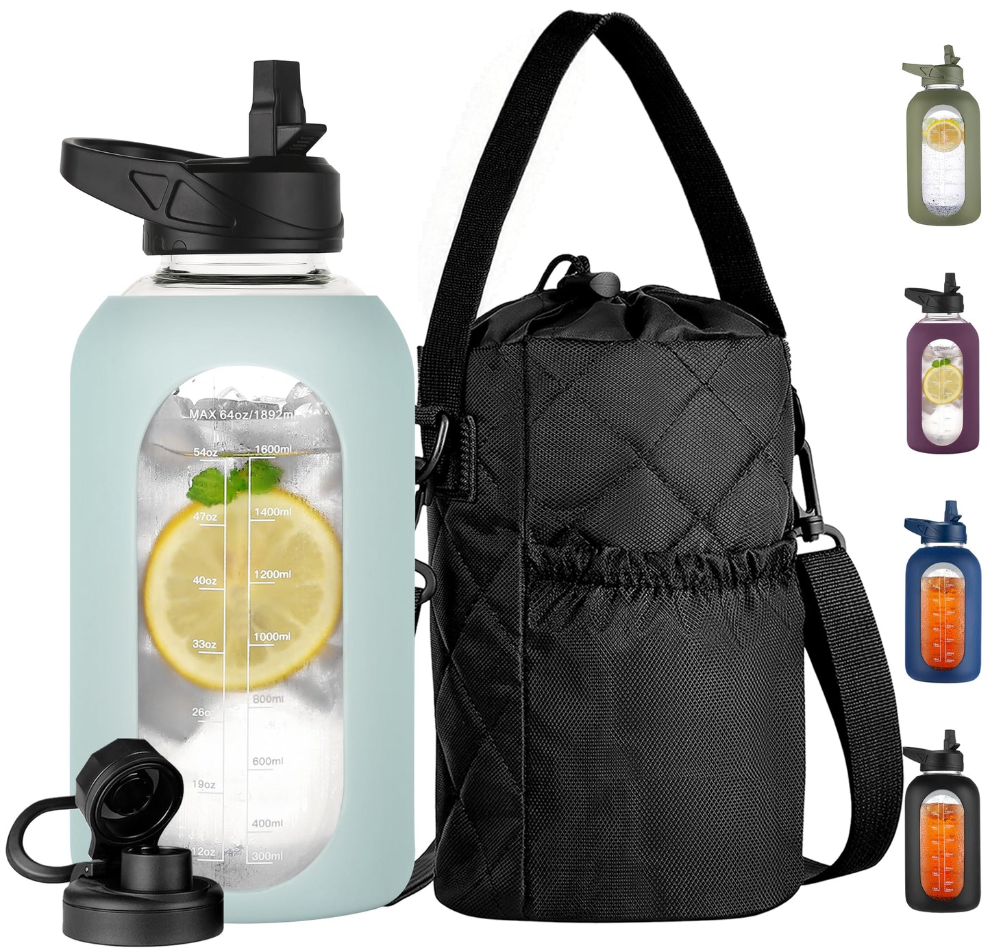 CIVAGO 32 oz Glass Water Bottle with Straw and Insulated Bottle Holder Sling, Motivational Water jug with Time Marker and Silicone Sleeve, Large Sport Water Flask with 2 Lids, Black