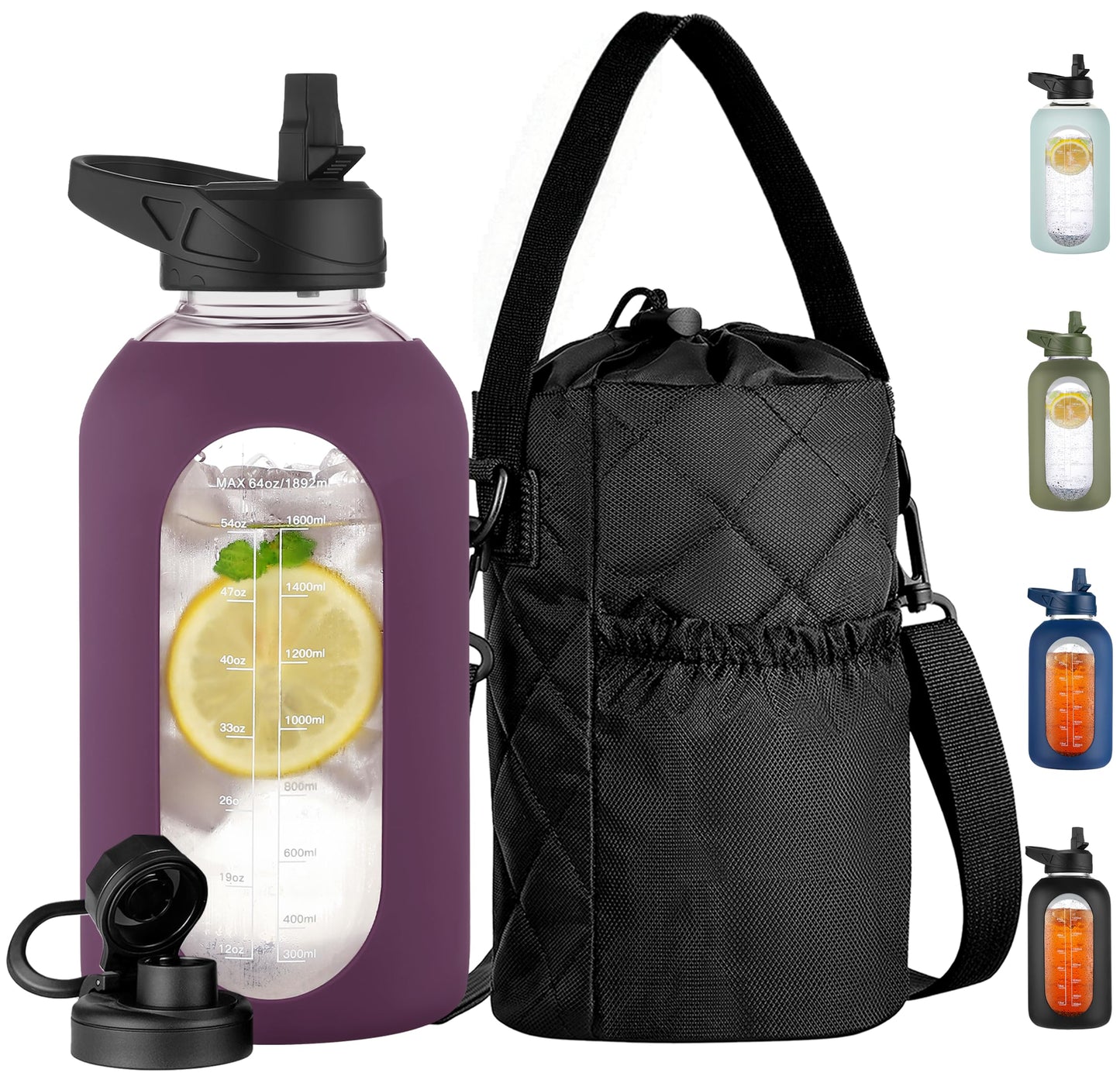 CIVAGO 32 oz Glass Water Bottle with Straw and Insulated Bottle Holder Sling, Motivational Water jug with Time Marker and Silicone Sleeve, Large Sport Water Flask with 2 Lids, Black