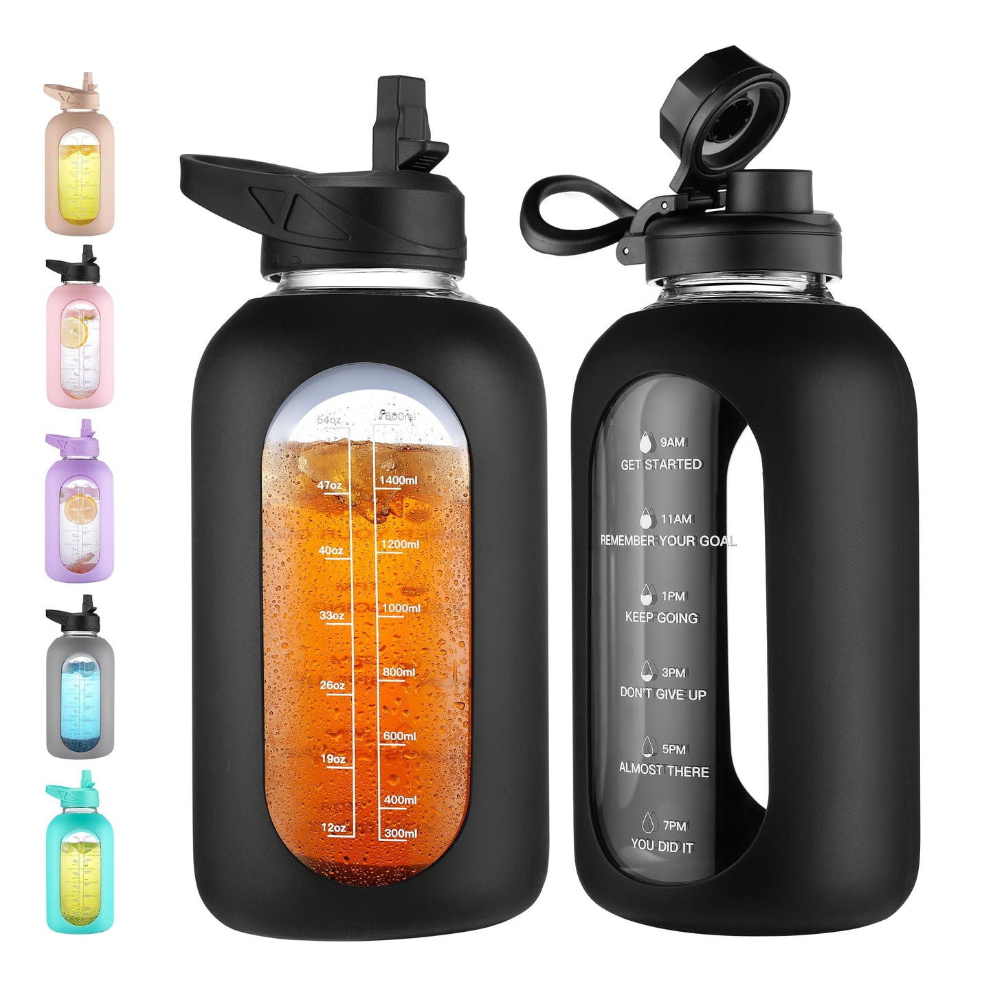 CIVAGO 32 oz Glass Water Bottle with Straw and Handle, Large Sports Motivational Water Bottle Flask with Time Marker and 2 Lids, Leakproof Water Jug Canteen with Silicone Sleeve for Gym,Black