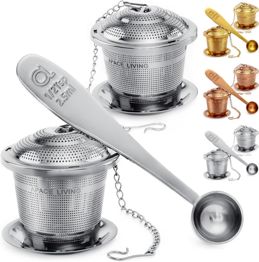 Tea Infuser Set of 2 with Tea Scoop & Drip Trays - 304 Stainless Steel Ultra Fine Mesh Loose Leaf Tea Strainer, Reusable Tea Steeper Basket for Rooibos, Green, Black, Herbal & Oolong Tea, etc