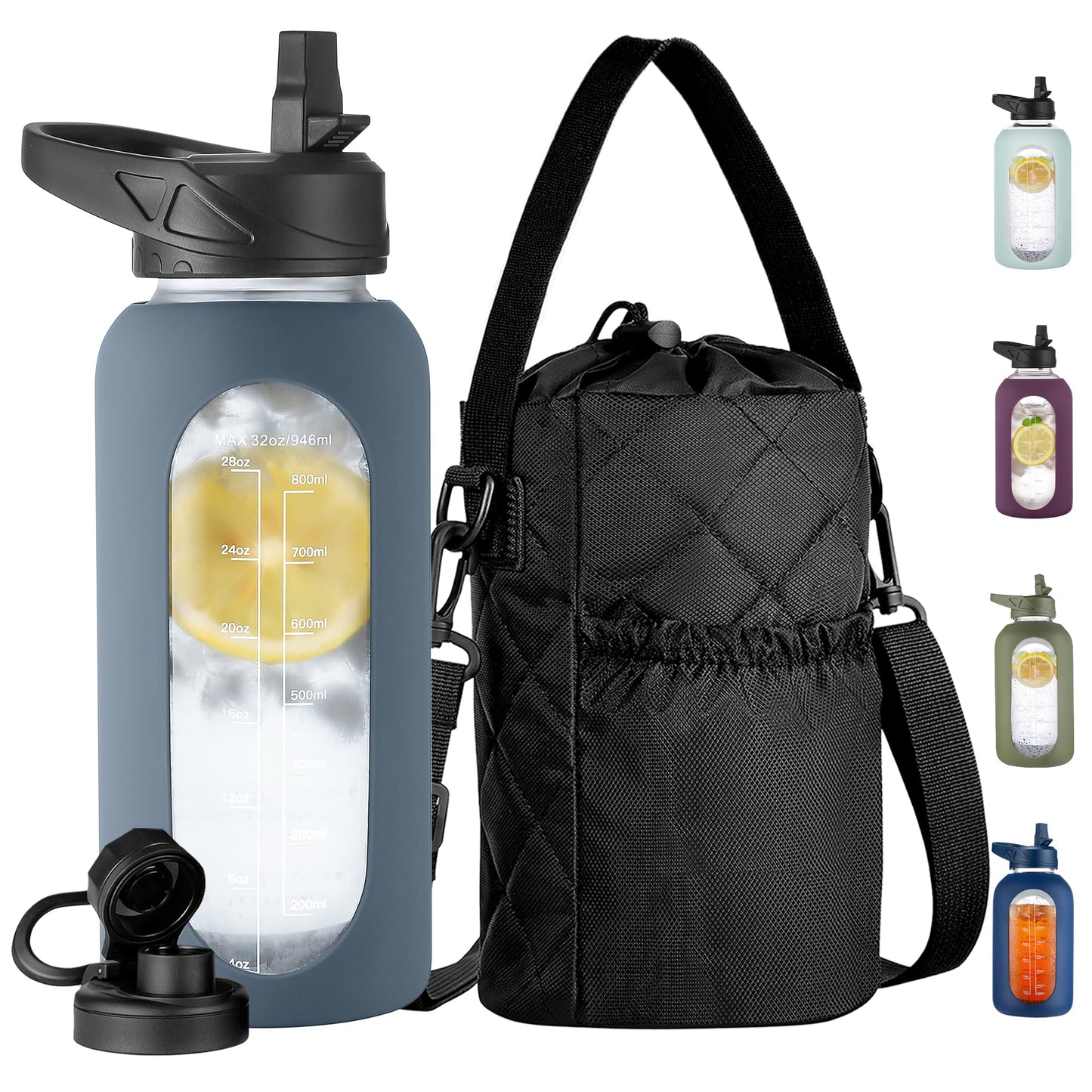 CIVAGO 32 oz Glass Water Bottle with Straw and Insulated Bottle Holder Sling, Motivational Water jug with Time Marker and Silicone Sleeve, Large Sport Water Flask with 2 Lids, Black