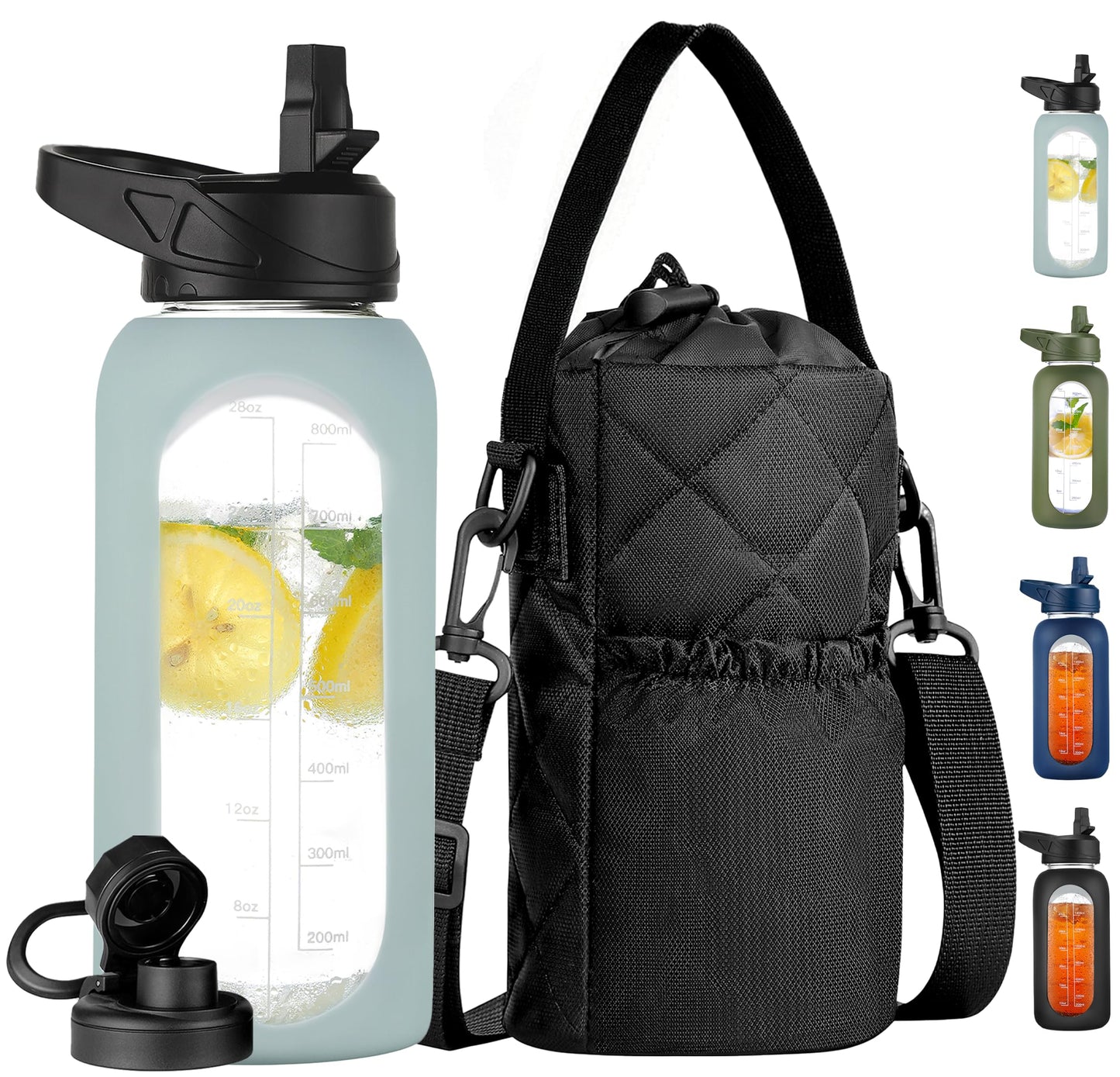 CIVAGO 32 oz Glass Water Bottle with Straw and Insulated Bottle Holder Sling, Motivational Water jug with Time Marker and Silicone Sleeve, Large Sport Water Flask with 2 Lids, Black