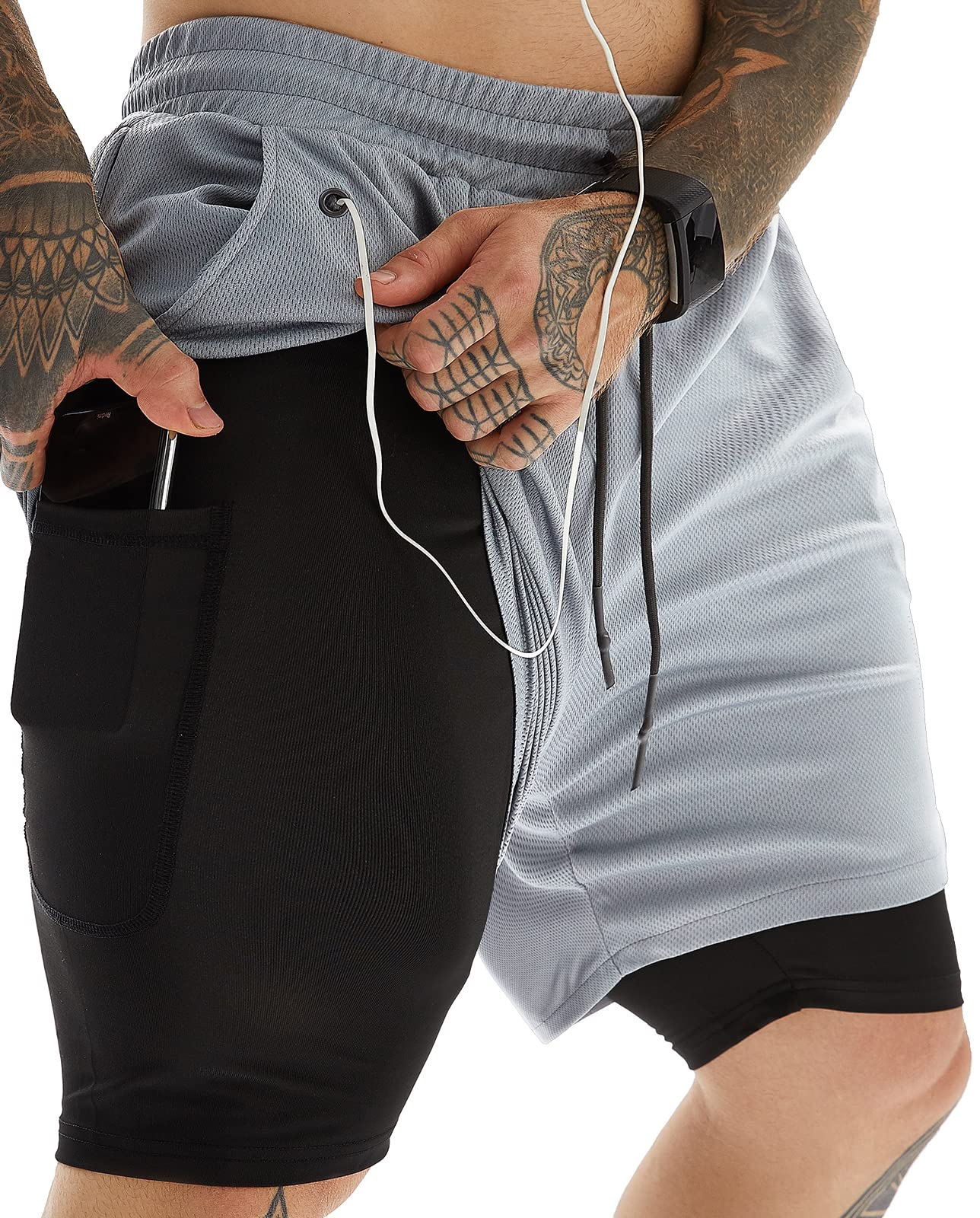 JWJ Men's 2 in 1 Workout Running Shorts 7 Inch Lightweight Athletic Gym Shorts with Compression Liner