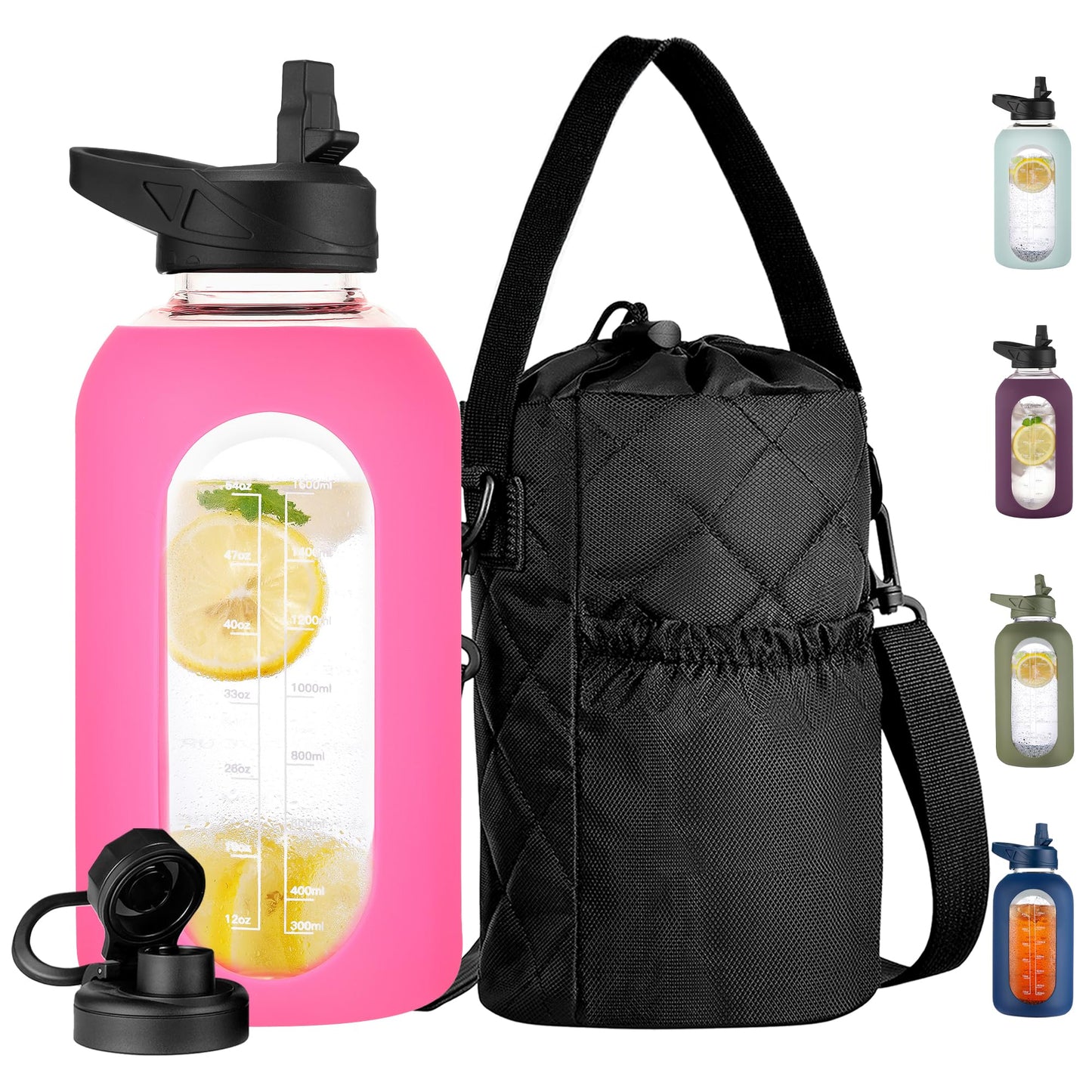 CIVAGO 32 oz Glass Water Bottle with Straw and Insulated Bottle Holder Sling, Motivational Water jug with Time Marker and Silicone Sleeve, Large Sport Water Flask with 2 Lids, Black