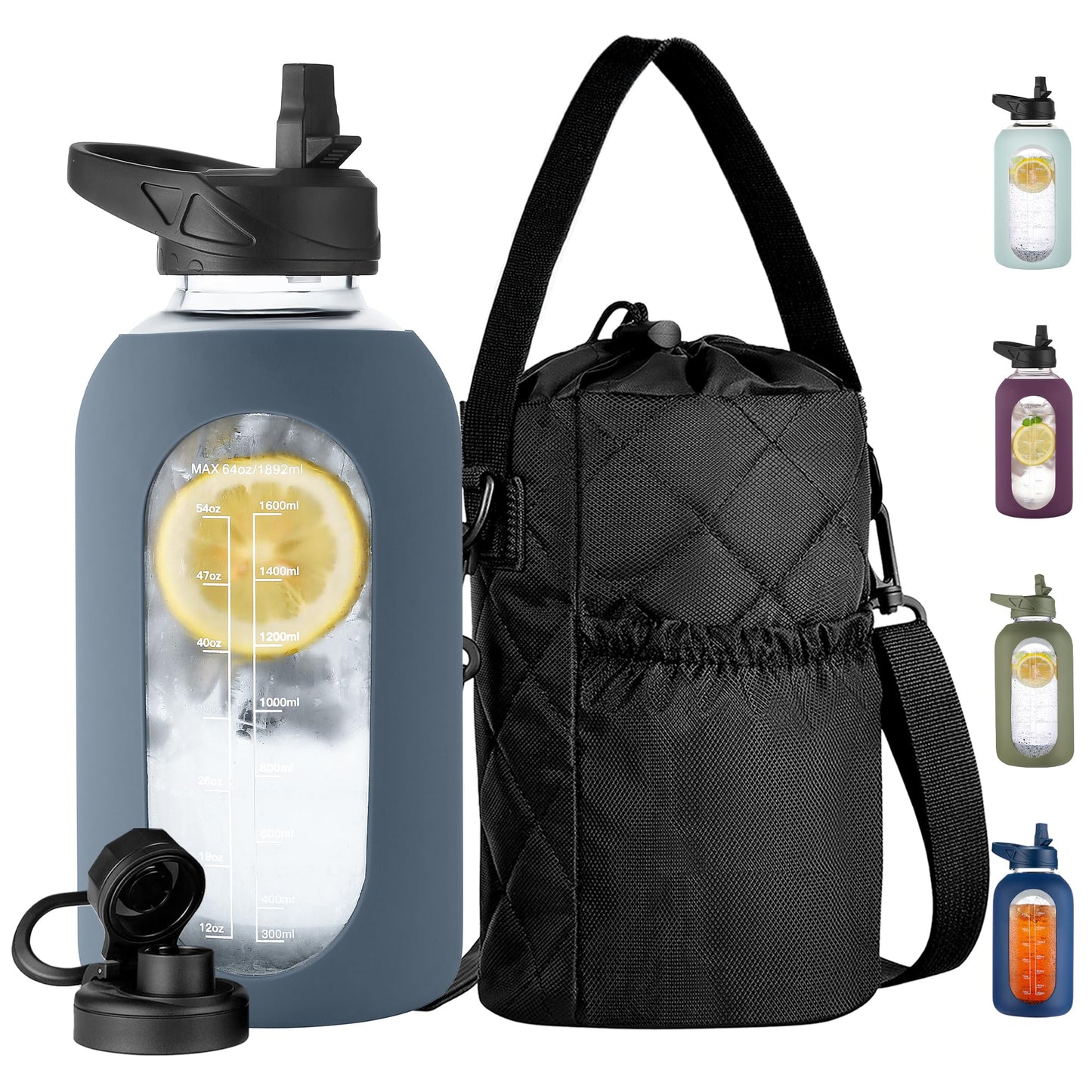 CIVAGO 32 oz Glass Water Bottle with Straw and Insulated Bottle Holder Sling, Motivational Water jug with Time Marker and Silicone Sleeve, Large Sport Water Flask with 2 Lids, Black