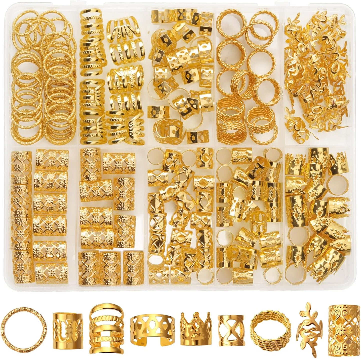CPOXITI 220Pcs Hair Jewelry for Dreadlock, Metal Hair Charms for Women, Gold Braids Rings Cuffs Clips for Hair Braids, Loc Jewelry Dreadlock Accessories