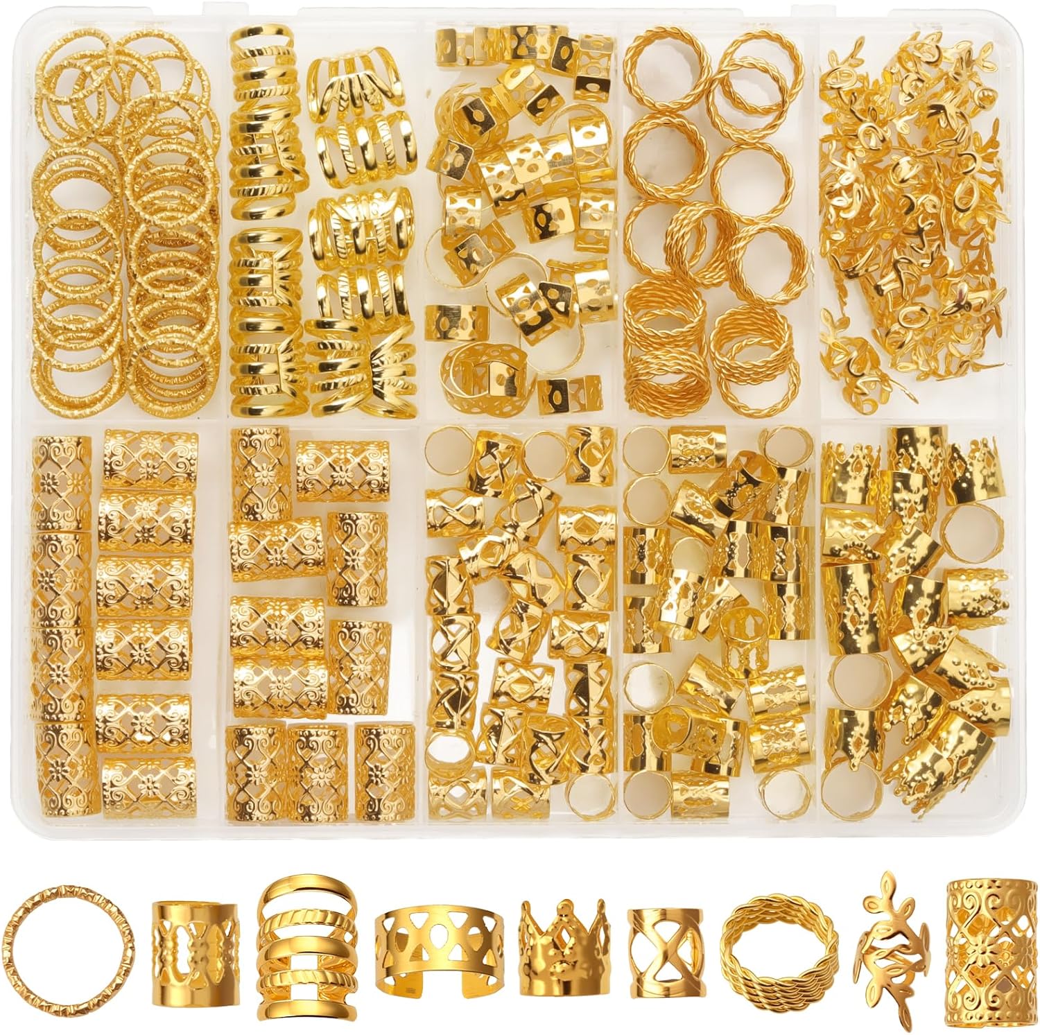 CPOXITI 220Pcs Hair Jewelry for Dreadlock, Metal Hair Charms for Women, Gold Braids Rings Cuffs Clips for Hair Braids, Loc Jewelry Dreadlock Accessories