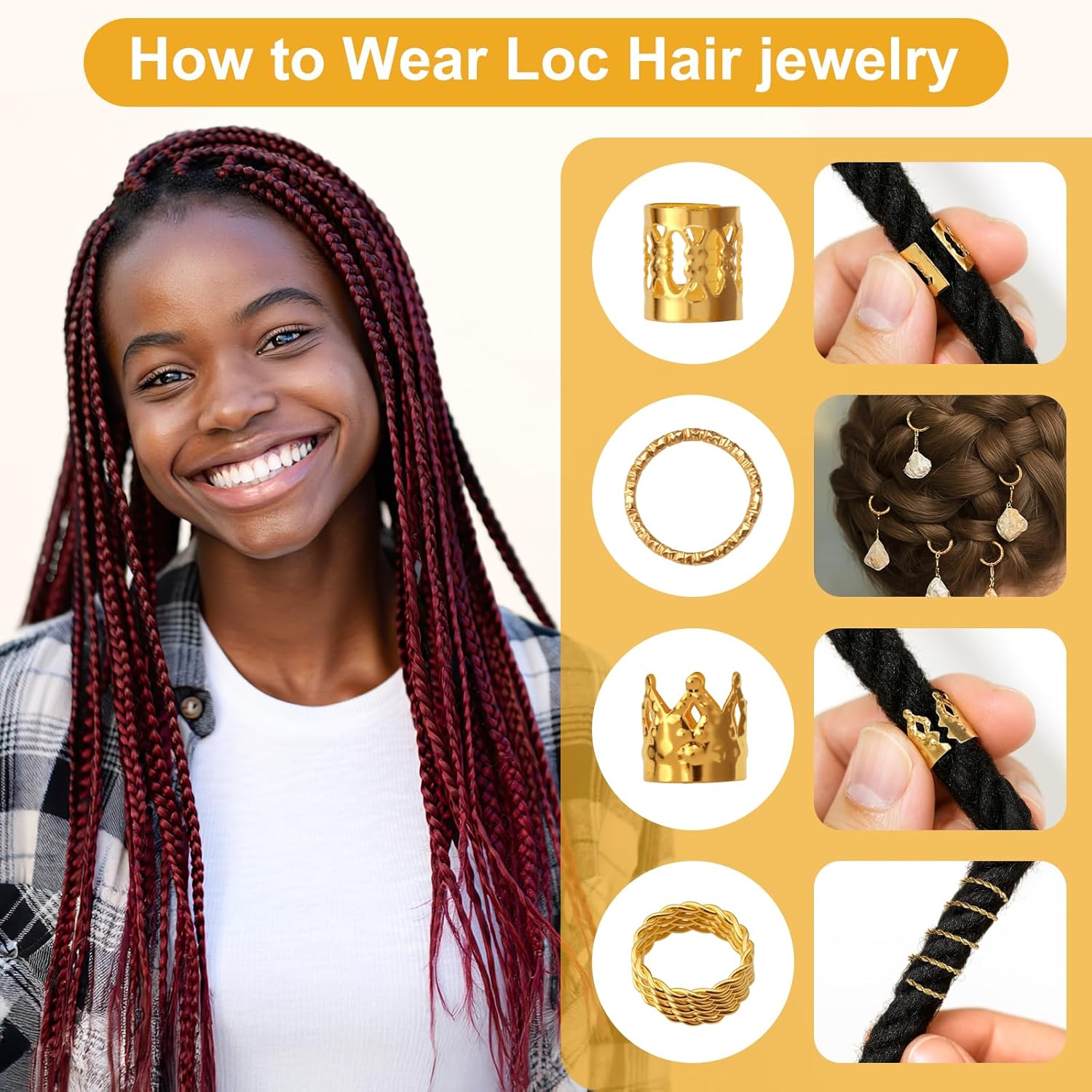 CPOXITI 220Pcs Hair Jewelry for Dreadlock, Metal Hair Charms for Women, Gold Braids Rings Cuffs Clips for Hair Braids, Loc Jewelry Dreadlock Accessories