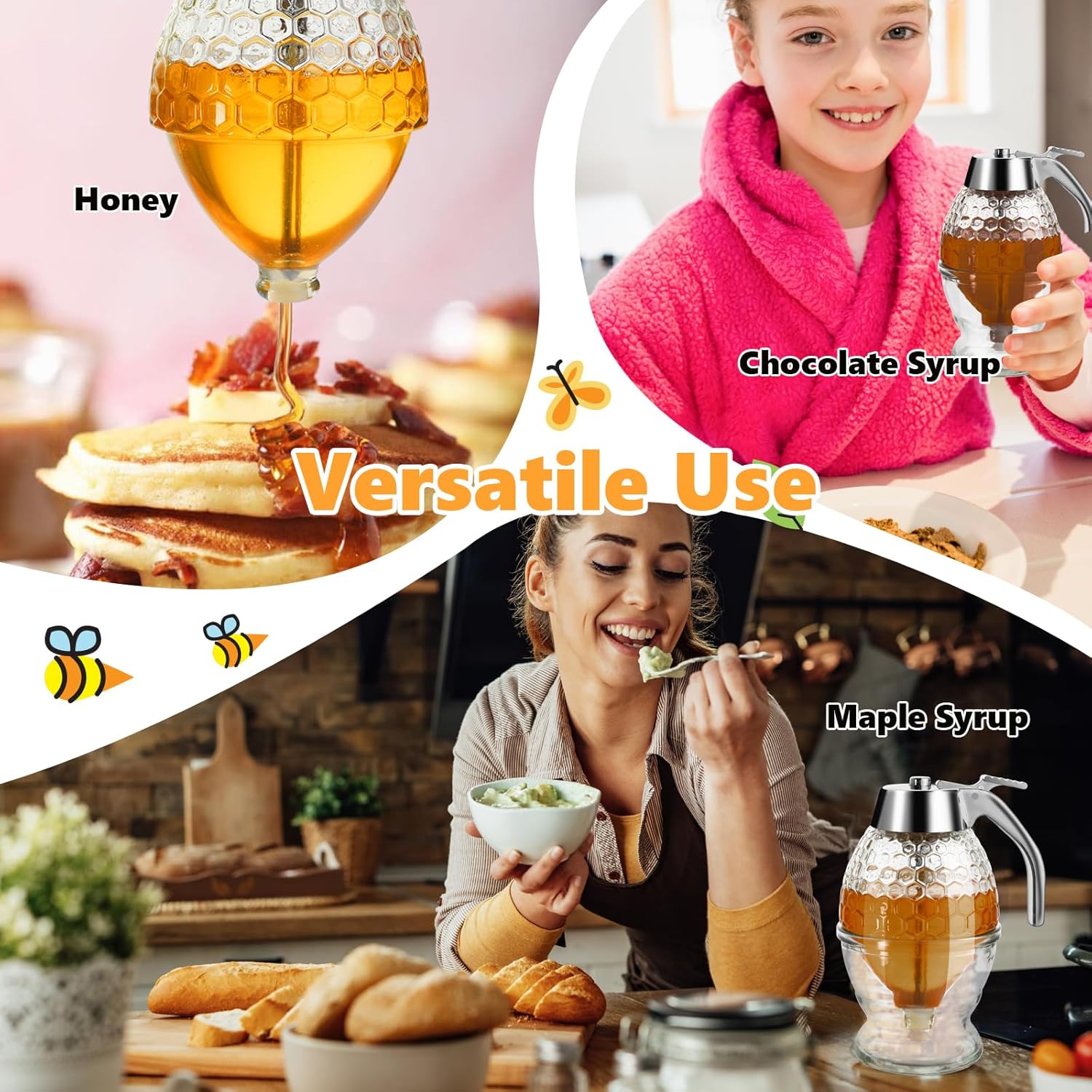 Timtopno Honey Dispenser, Glass Honey Dispenser No Drip, Honey Pot with Stand, 8 oz Honey Jar, Maple Syrup Honey Container, Elegant Honeycomb Design for Home Decor for Any Occasion