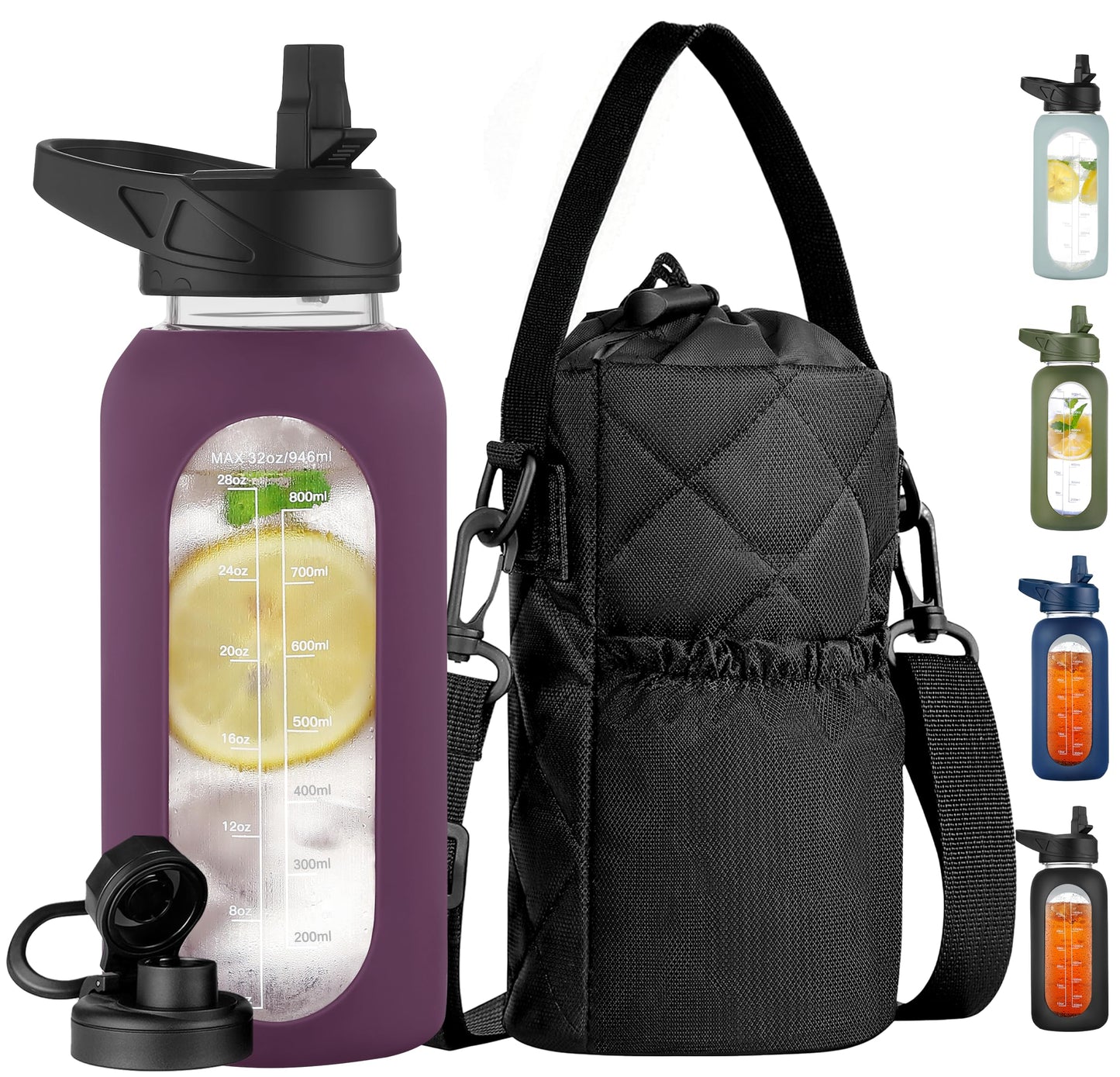 CIVAGO 32 oz Glass Water Bottle with Straw and Insulated Bottle Holder Sling, Motivational Water jug with Time Marker and Silicone Sleeve, Large Sport Water Flask with 2 Lids, Black