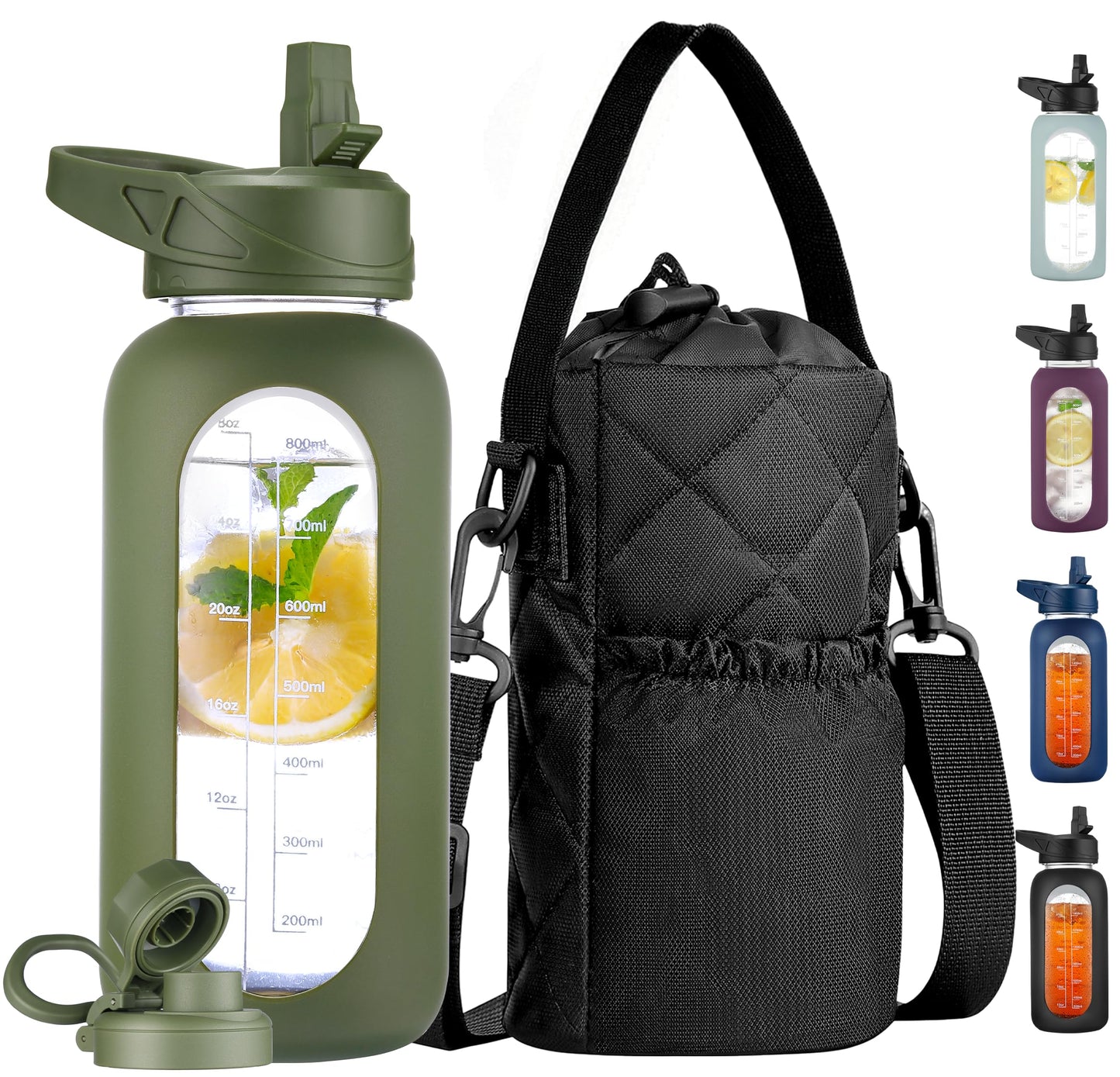 CIVAGO 32 oz Glass Water Bottle with Straw and Insulated Bottle Holder Sling, Motivational Water jug with Time Marker and Silicone Sleeve, Large Sport Water Flask with 2 Lids, Black