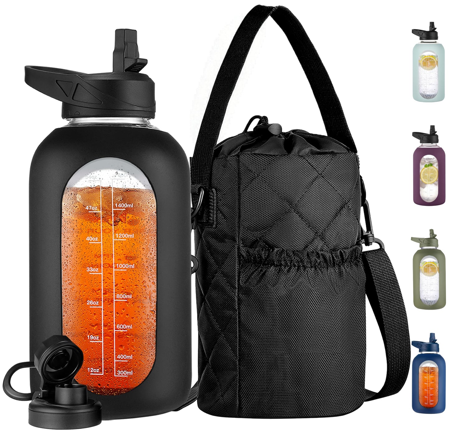 CIVAGO 32 oz Glass Water Bottle with Straw and Insulated Bottle Holder Sling, Motivational Water jug with Time Marker and Silicone Sleeve, Large Sport Water Flask with 2 Lids, Black