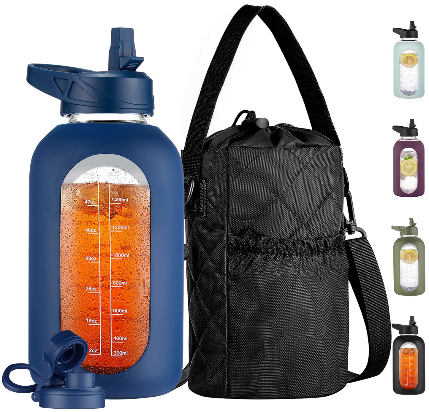 CIVAGO 32 oz Glass Water Bottle with Straw and Insulated Bottle Holder Sling, Motivational Water jug with Time Marker and Silicone Sleeve, Large Sport Water Flask with 2 Lids, Black