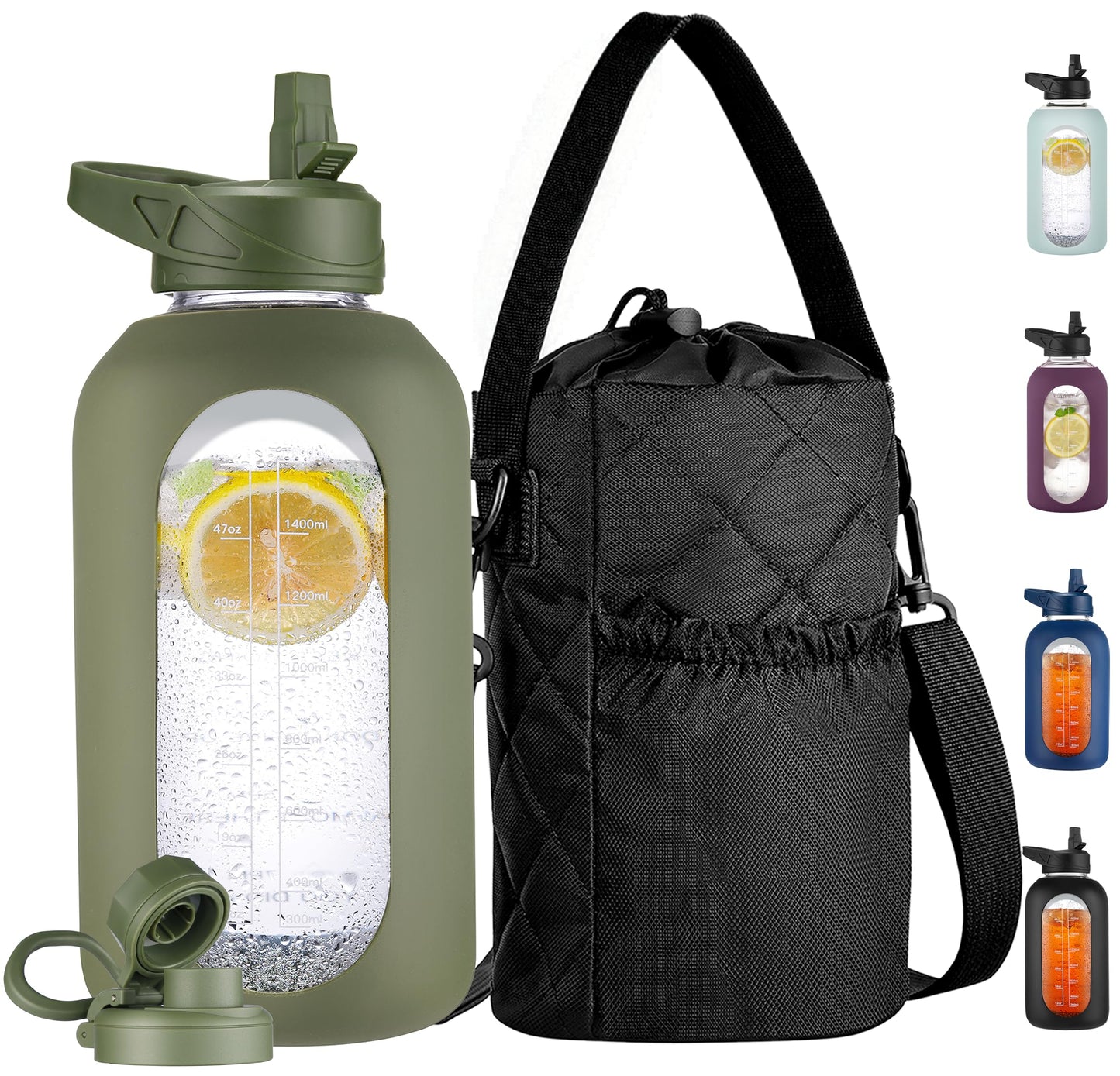 CIVAGO 32 oz Glass Water Bottle with Straw and Insulated Bottle Holder Sling, Motivational Water jug with Time Marker and Silicone Sleeve, Large Sport Water Flask with 2 Lids, Black