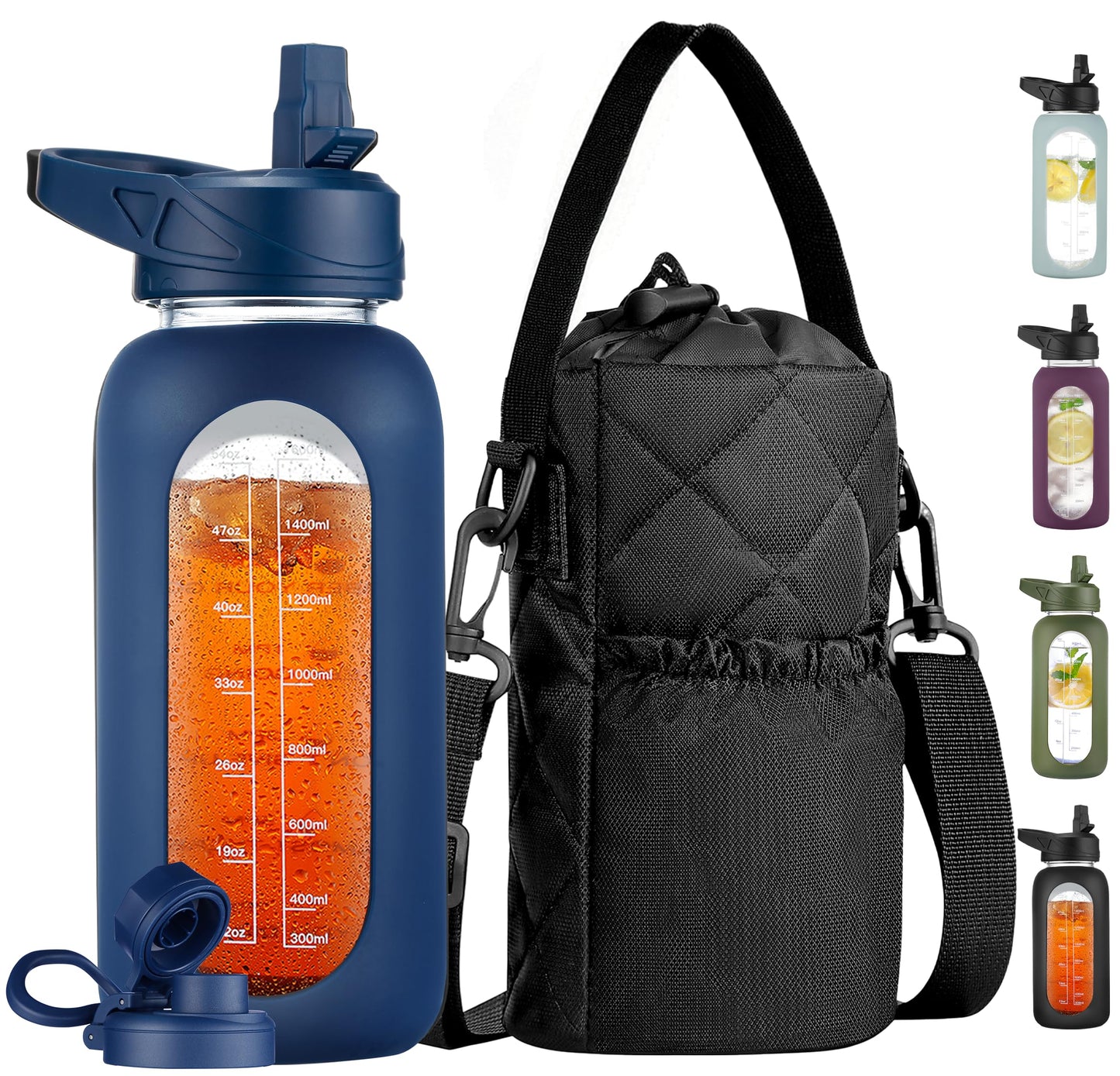 CIVAGO 32 oz Glass Water Bottle with Straw and Insulated Bottle Holder Sling, Motivational Water jug with Time Marker and Silicone Sleeve, Large Sport Water Flask with 2 Lids, Black