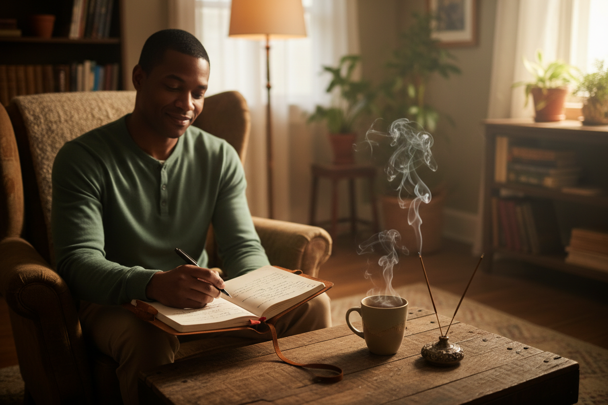 a dark skinned man journaling with a hot cup of tea at his side and smoke from incense in the air.