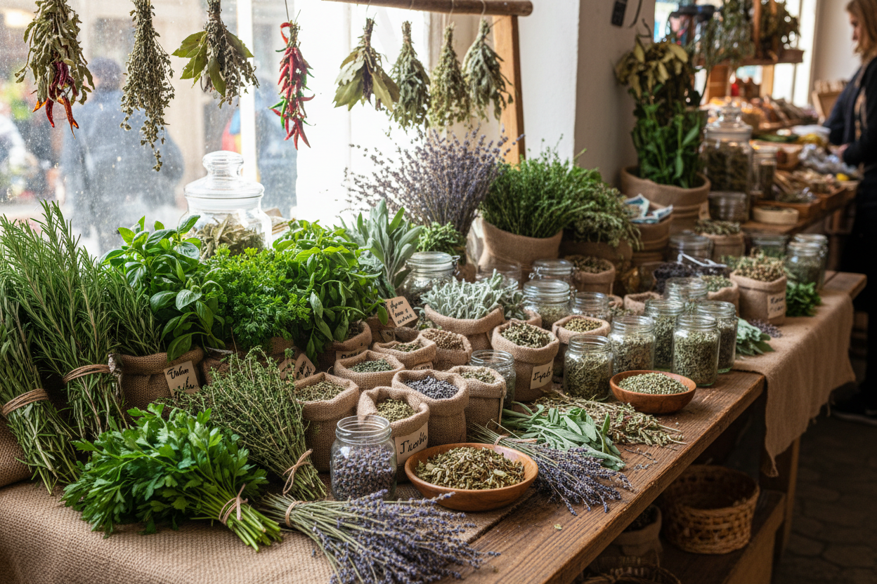 an image of different dried and fresh herbs laying out for sale